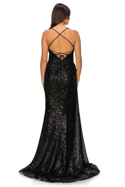 Cinderella Couture CC8056J Spaghetti Strap Sequins Formal Slit Dress Black