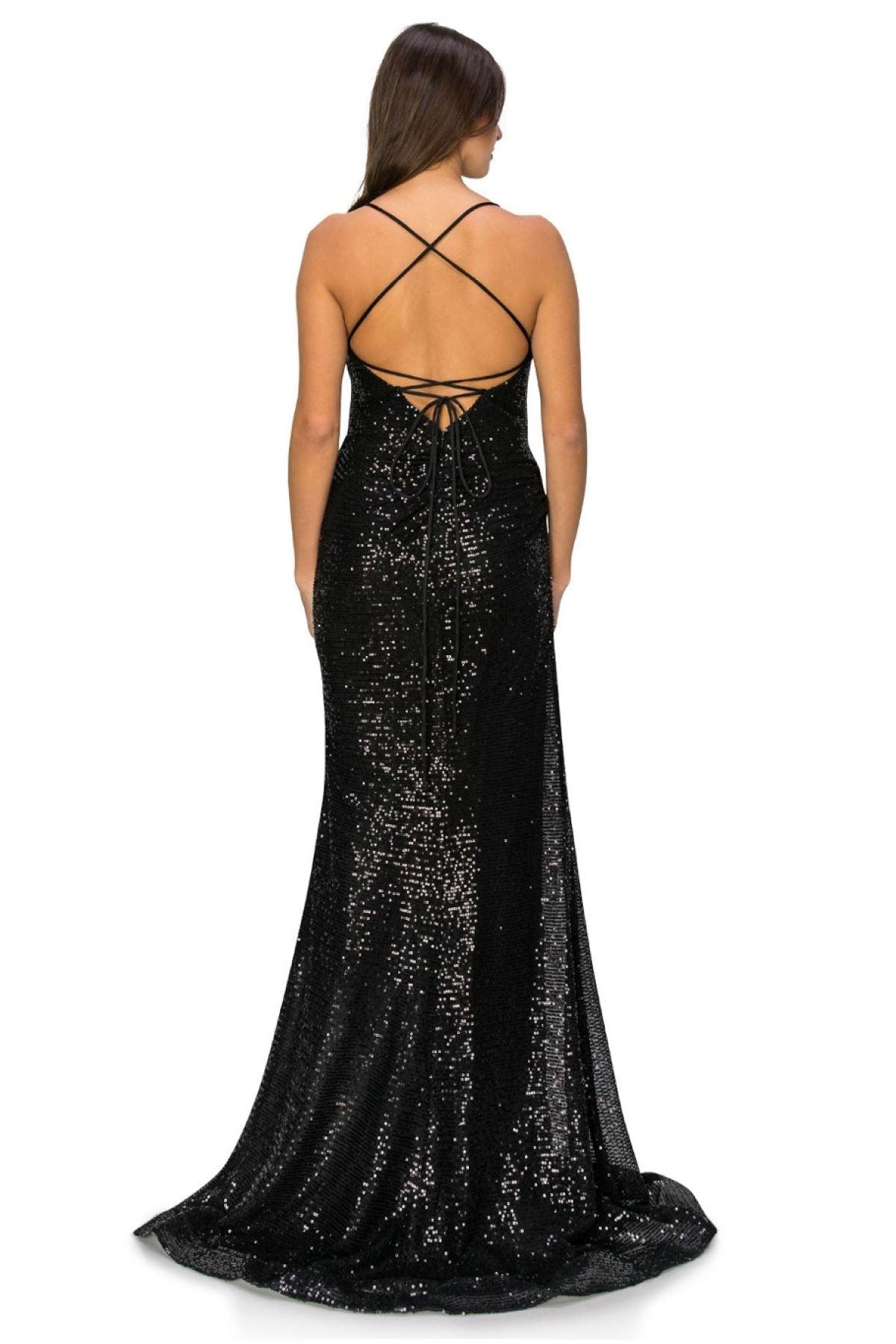 Cinderella Couture CC8056J Spaghetti Strap Sequins Formal Slit Dress