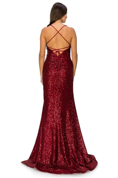 Cinderella Couture CC8056J Spaghetti Strap Sequins Formal Slit Dress Burgundy