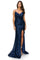 Cinderella Couture CC8056J Spaghetti Strap Sequins Formal Slit Dress Navy