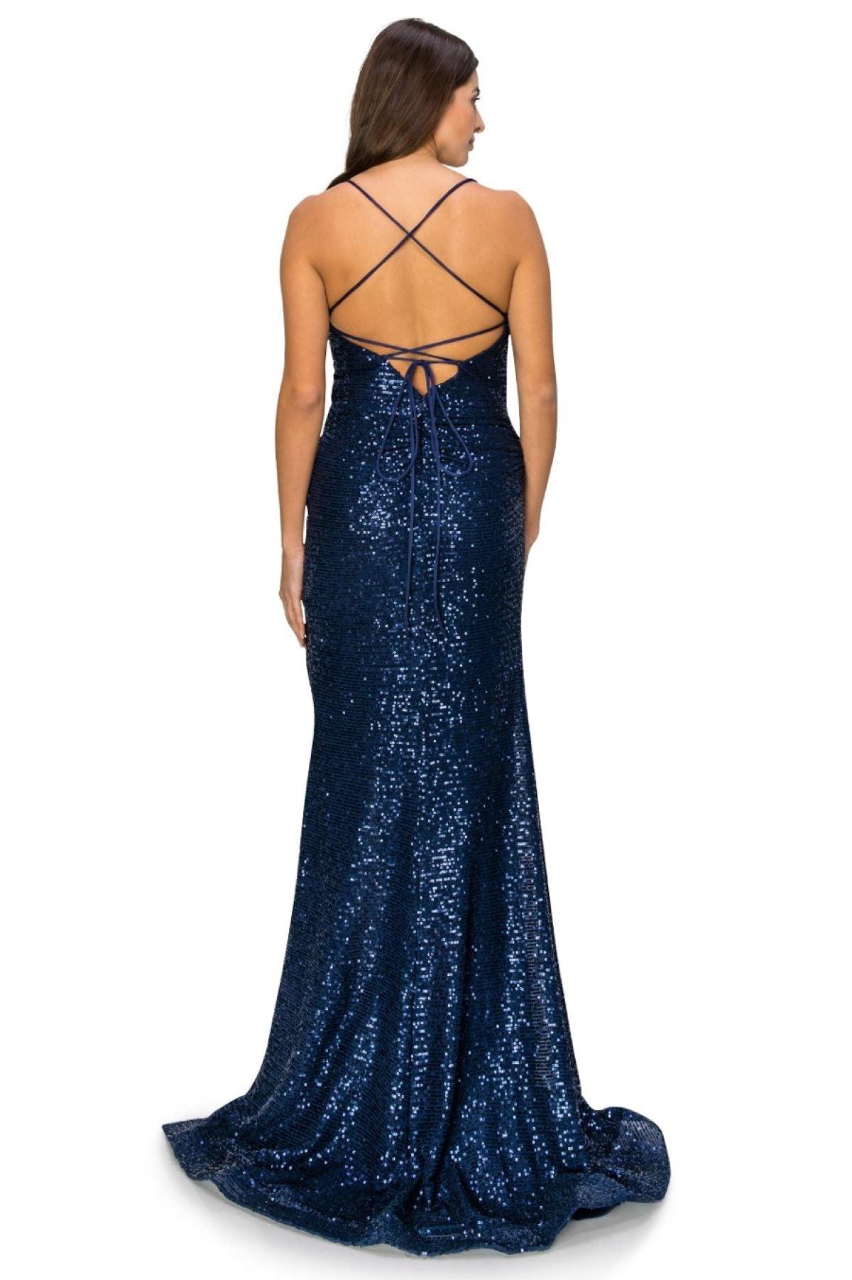 Cinderella Couture CC8056J Spaghetti Strap Sequins Formal Slit Dress Navy