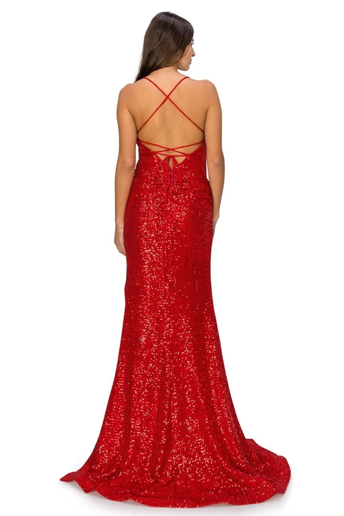 Cinderella Couture CC8056J Spaghetti Strap Sequins Formal Slit Dress Red