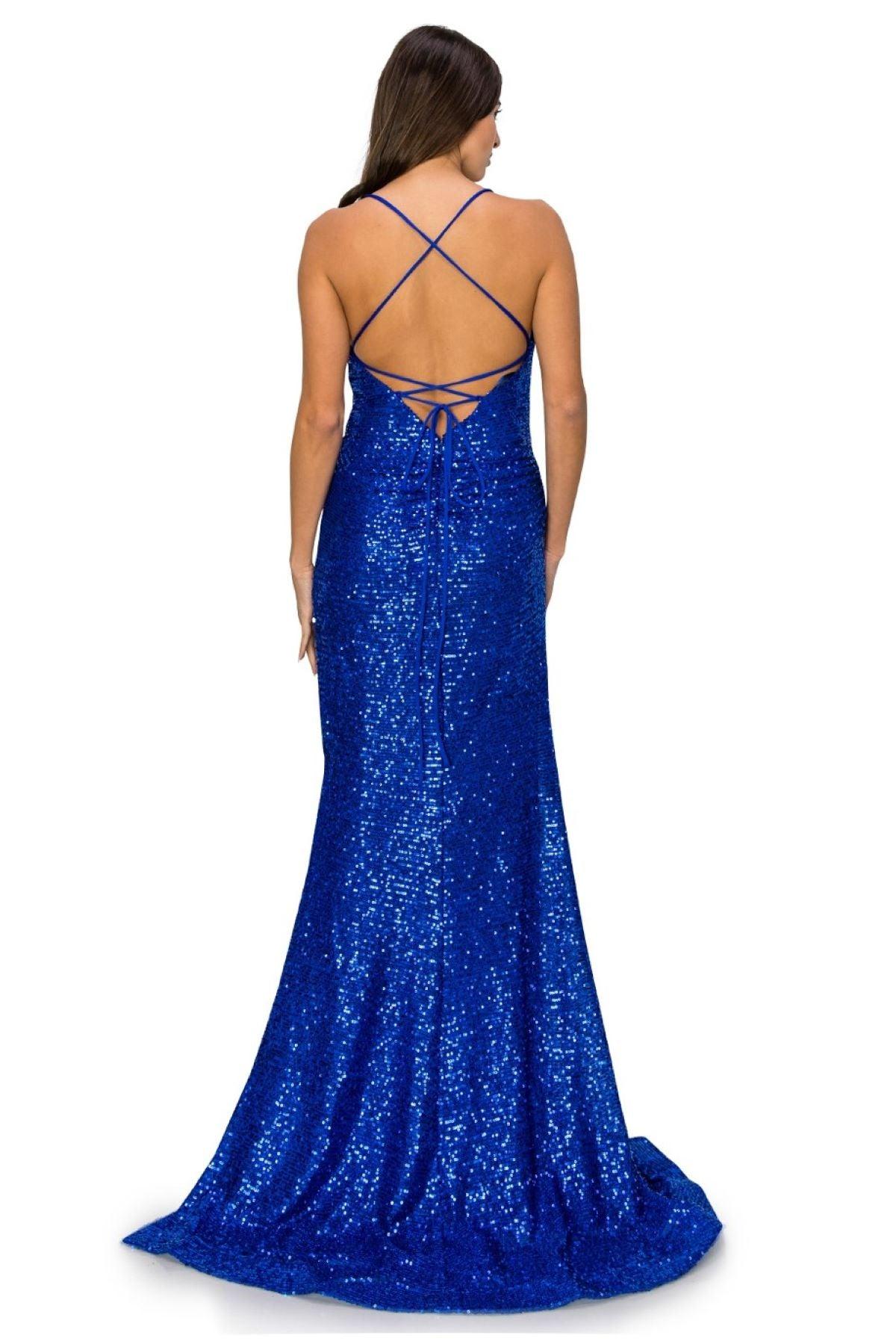 Cinderella Couture CC8056J Spaghetti Strap Sequins Formal Slit Dress Royal