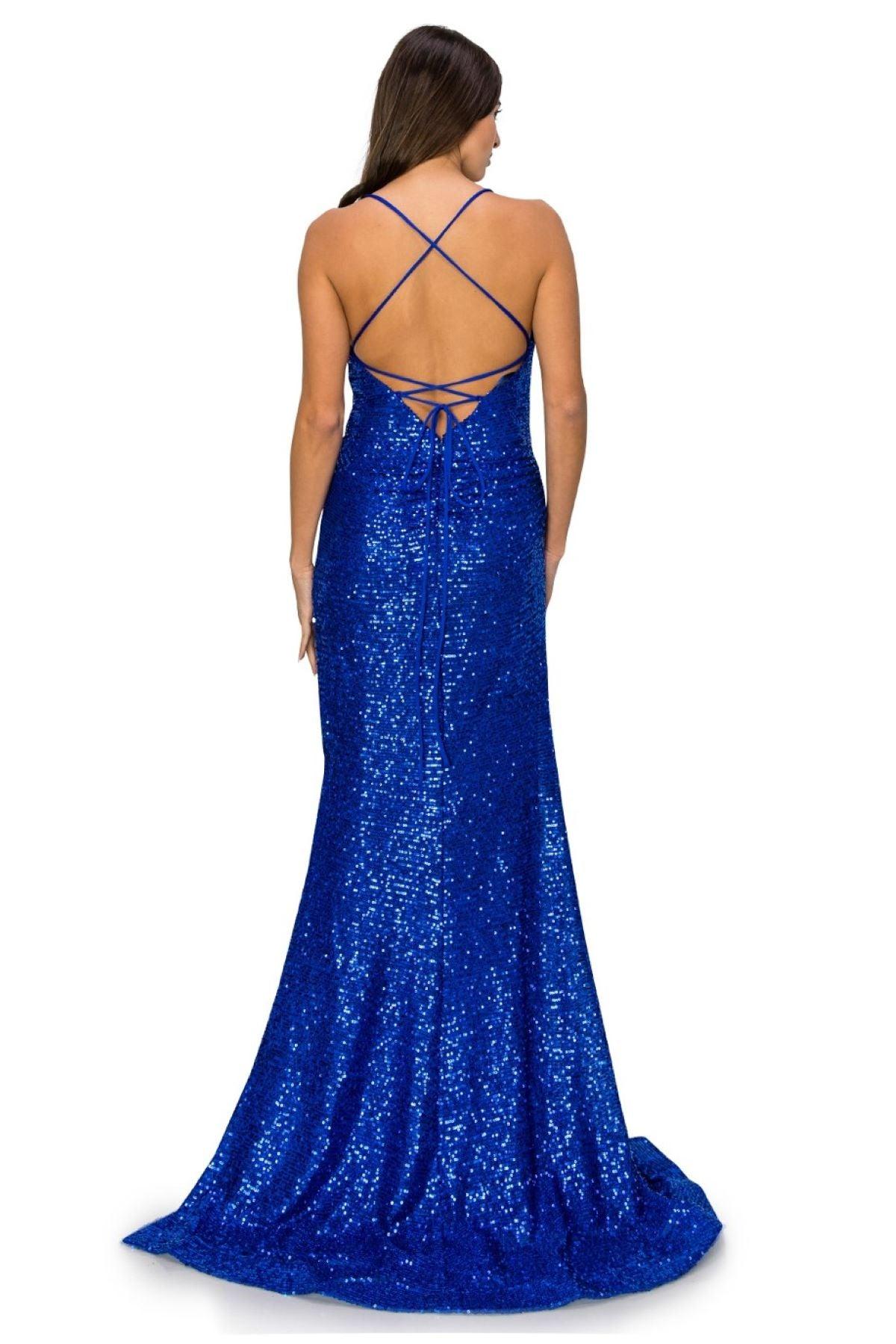 Cinderella Couture CC8056J Spaghetti Strap Sequins Formal Slit Dress