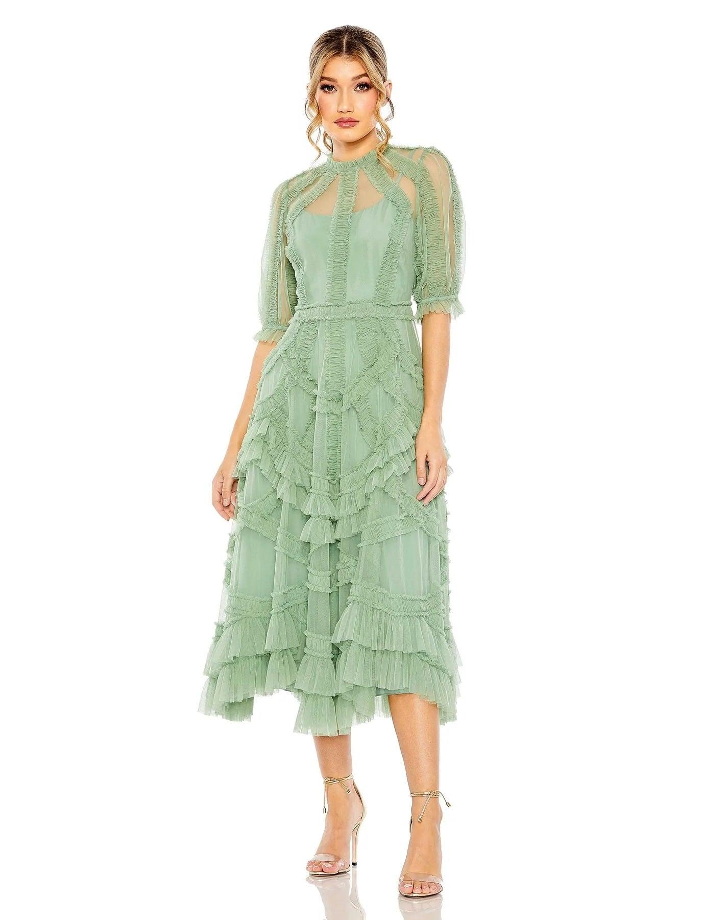 Mac Duggal - Green High Neck Ruffle Tiered A-Line Midi Dress