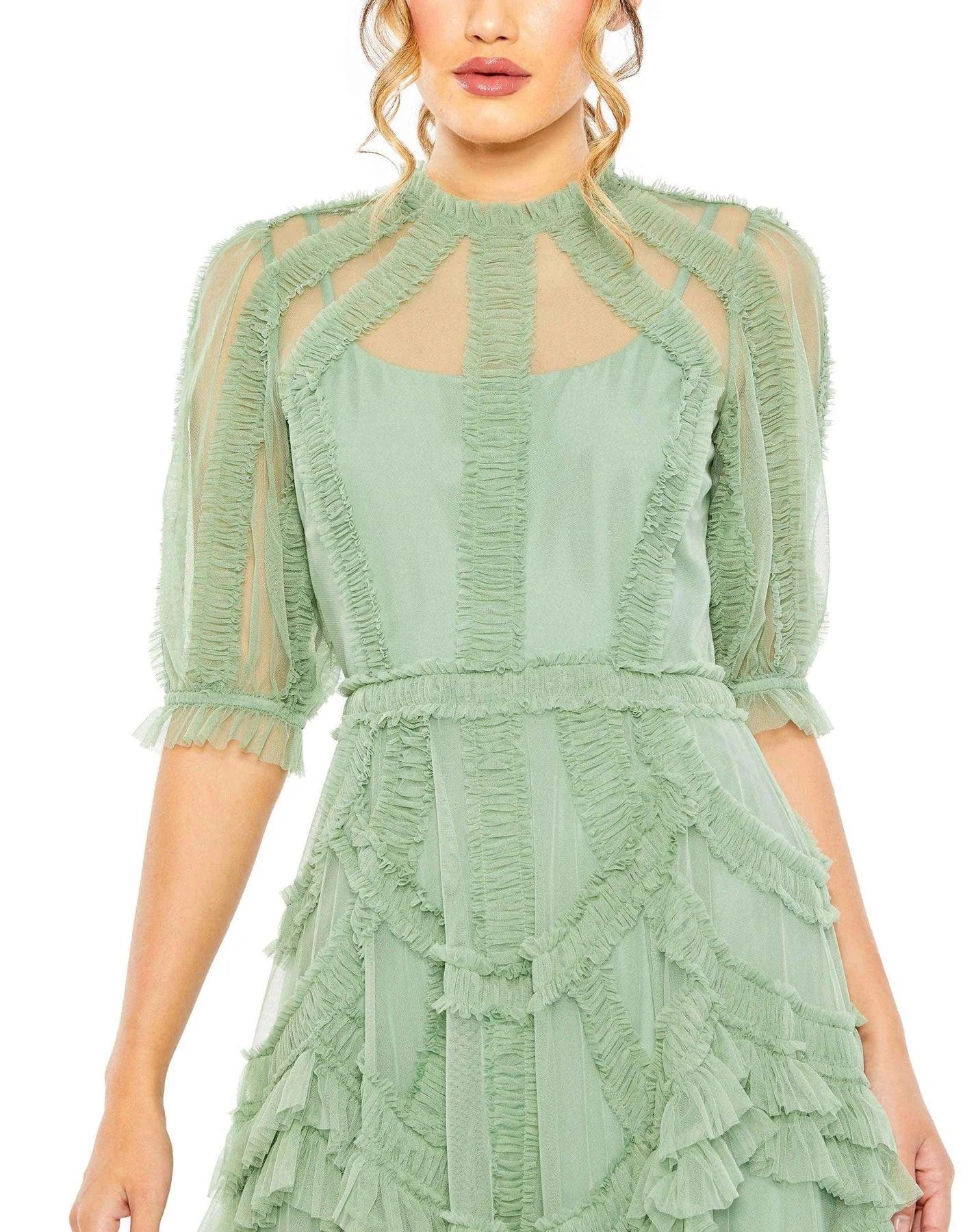 chinese dress ladies Mac Duggal Women's High Neck Puff Sleeve Ruffle Tiered Dress - Green - Size 16