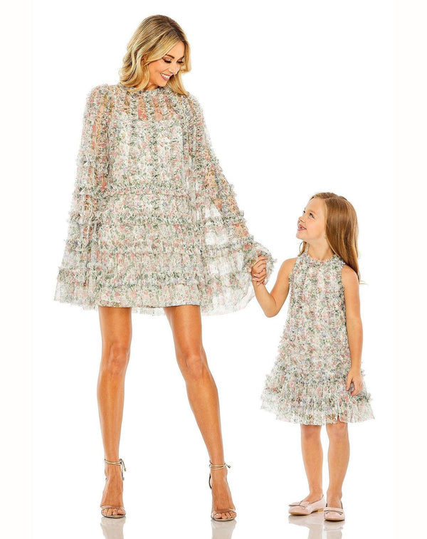 Short Sleeveless Floral Chiffon Little Girls Dress Floral Chiffon Mac Duggal 8059