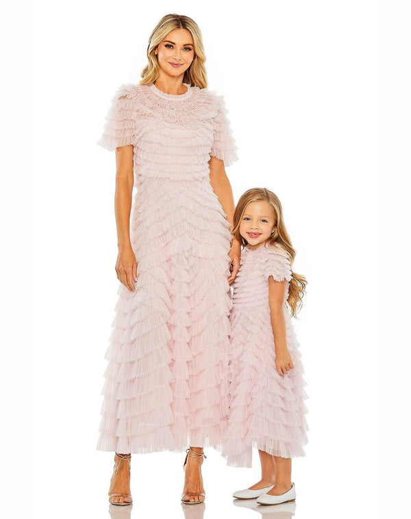 Short Sleeve Chiffon Flower Girls Tea Length Dress Chiffon Tea Length Mac Duggal 8061
