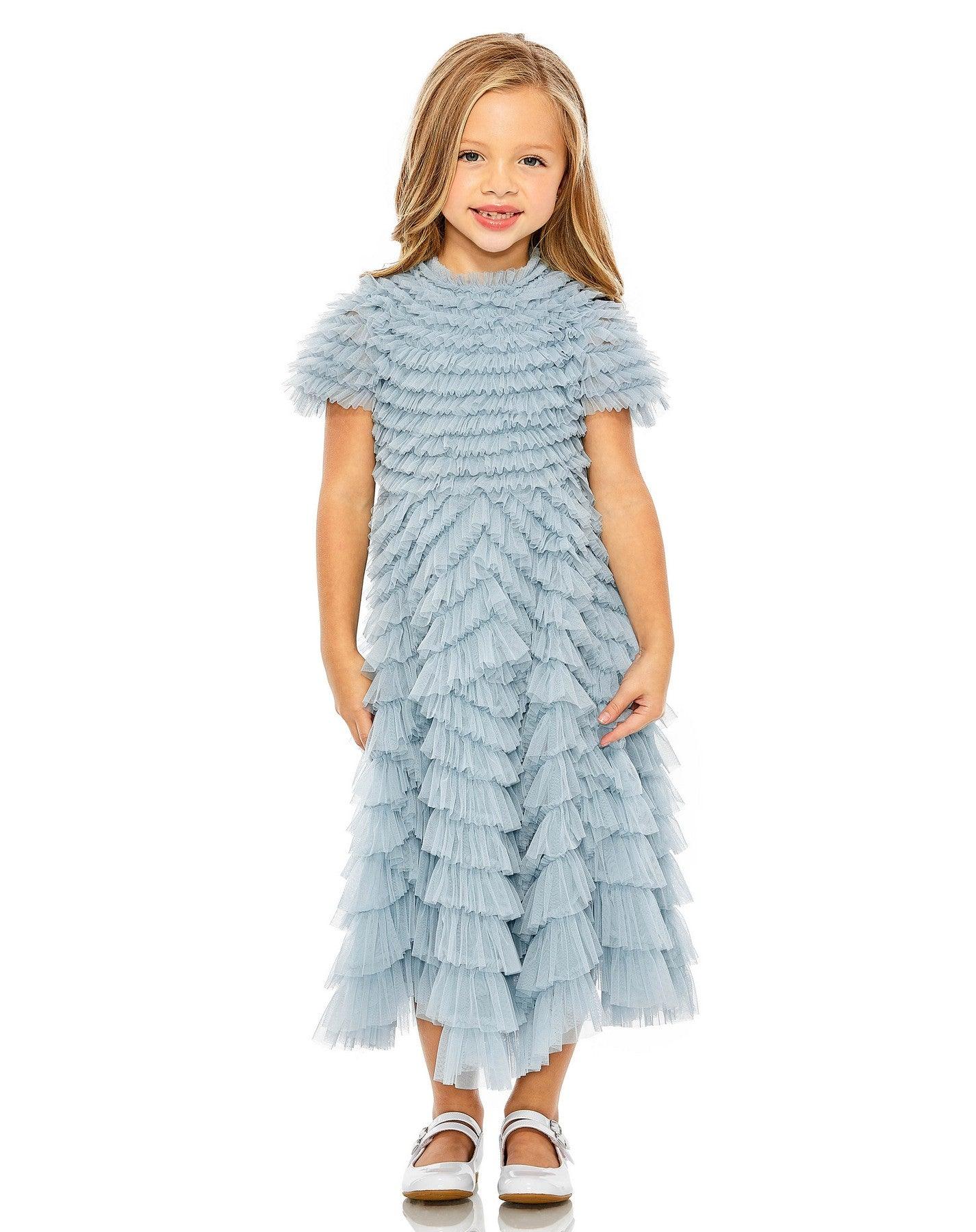 Mac Duggal 8061 Short Sleeve Chiffon Flower Girls Tea Length Dress
