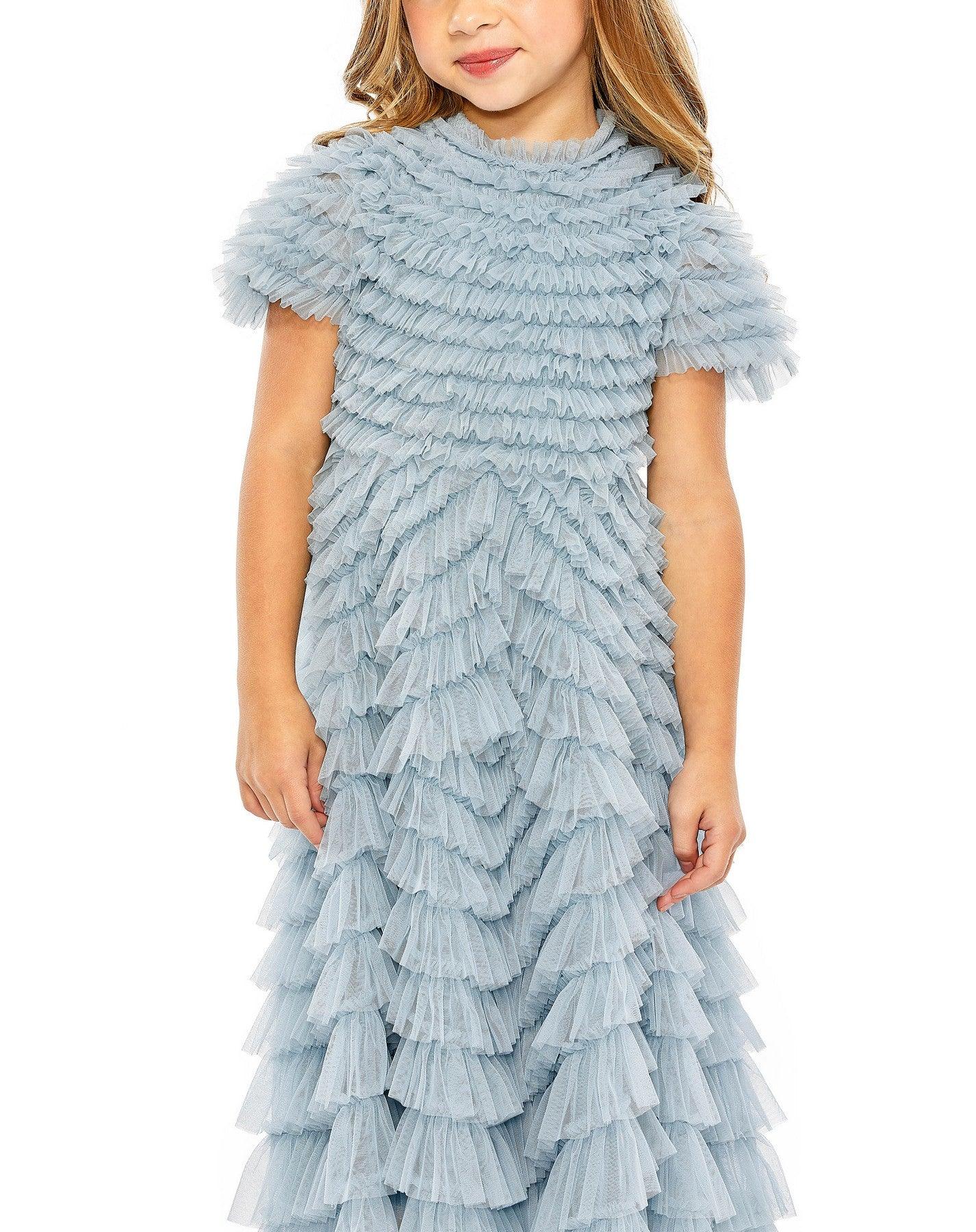 Mac Duggal 8061 Short Sleeve Chiffon Flower Girls Tea Length Dress