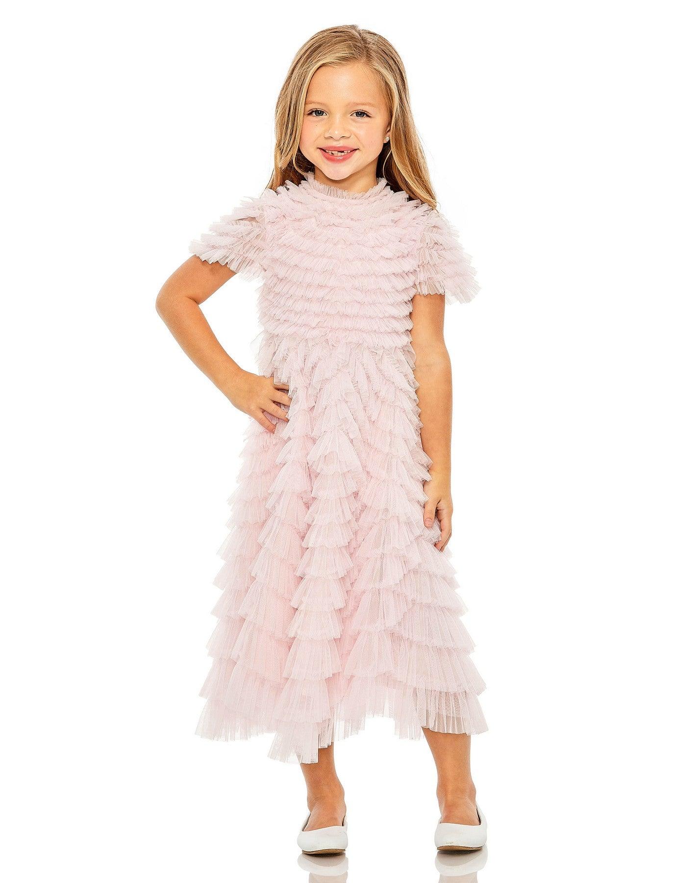 Mac Duggal 8061 Short Sleeve Chiffon Flower Girls Tea Length Dress