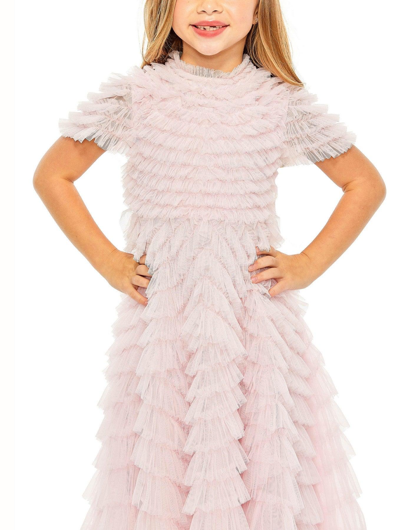 Mac Duggal 8061 Short Sleeve Chiffon Flower Girls Tea Length Dress