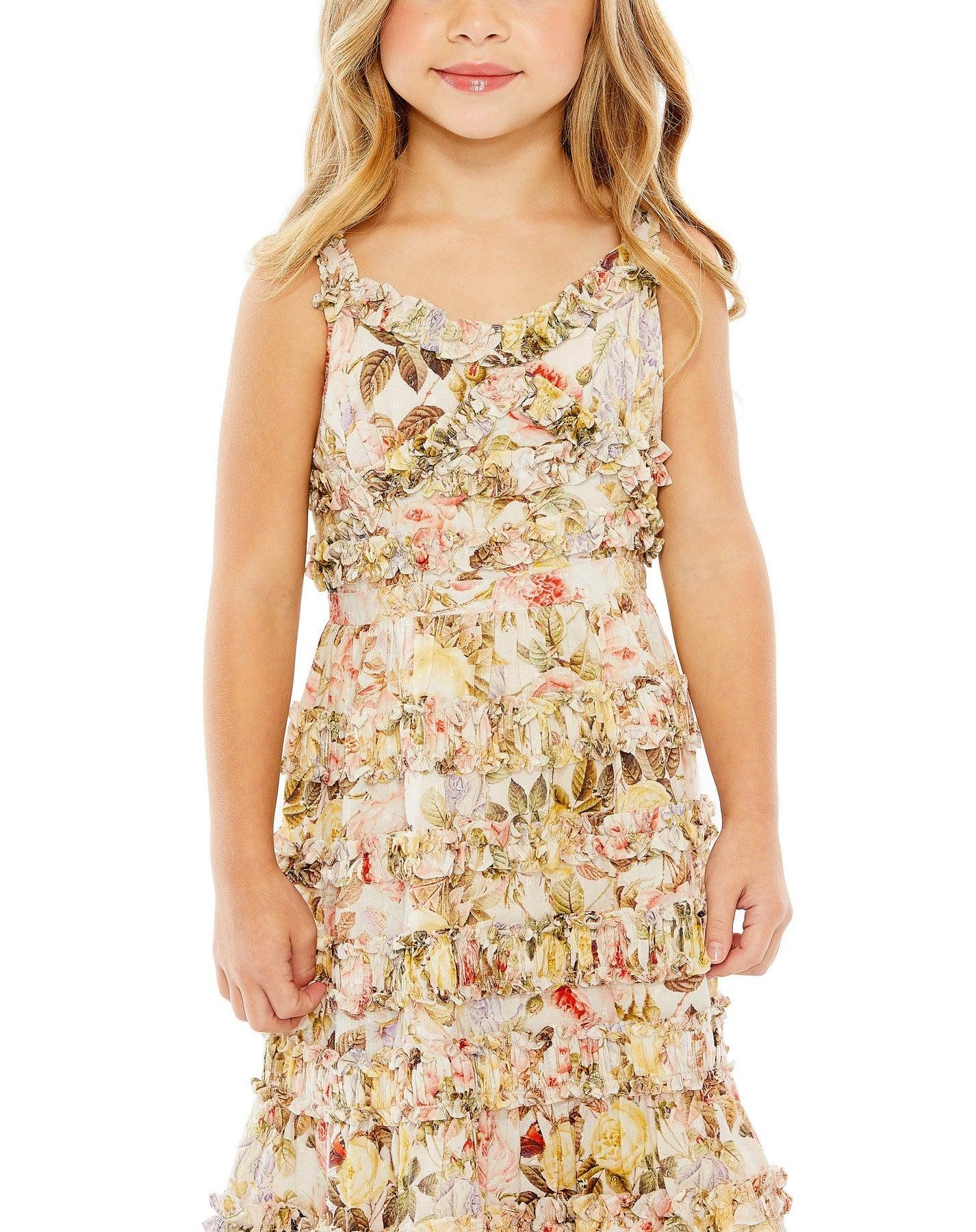 Ivory Multi Mac Duggal 8063 Tea Length Sleeveless Chiffon Little Girls ...