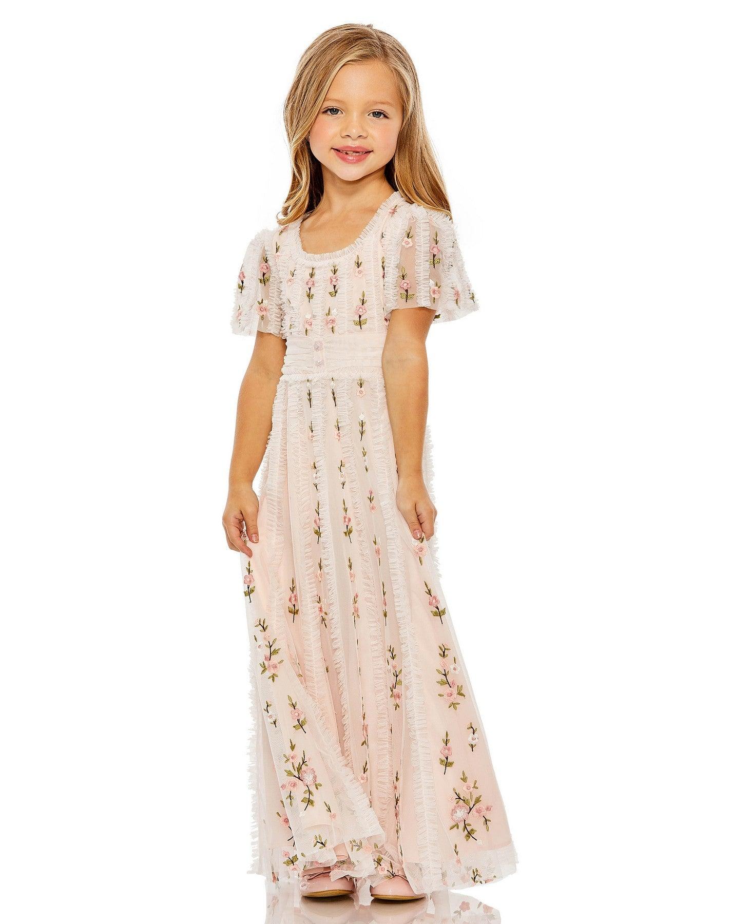Blush Multi Mac Duggal 8064 A Line Short Sleeve Little Girls Long Dress ...