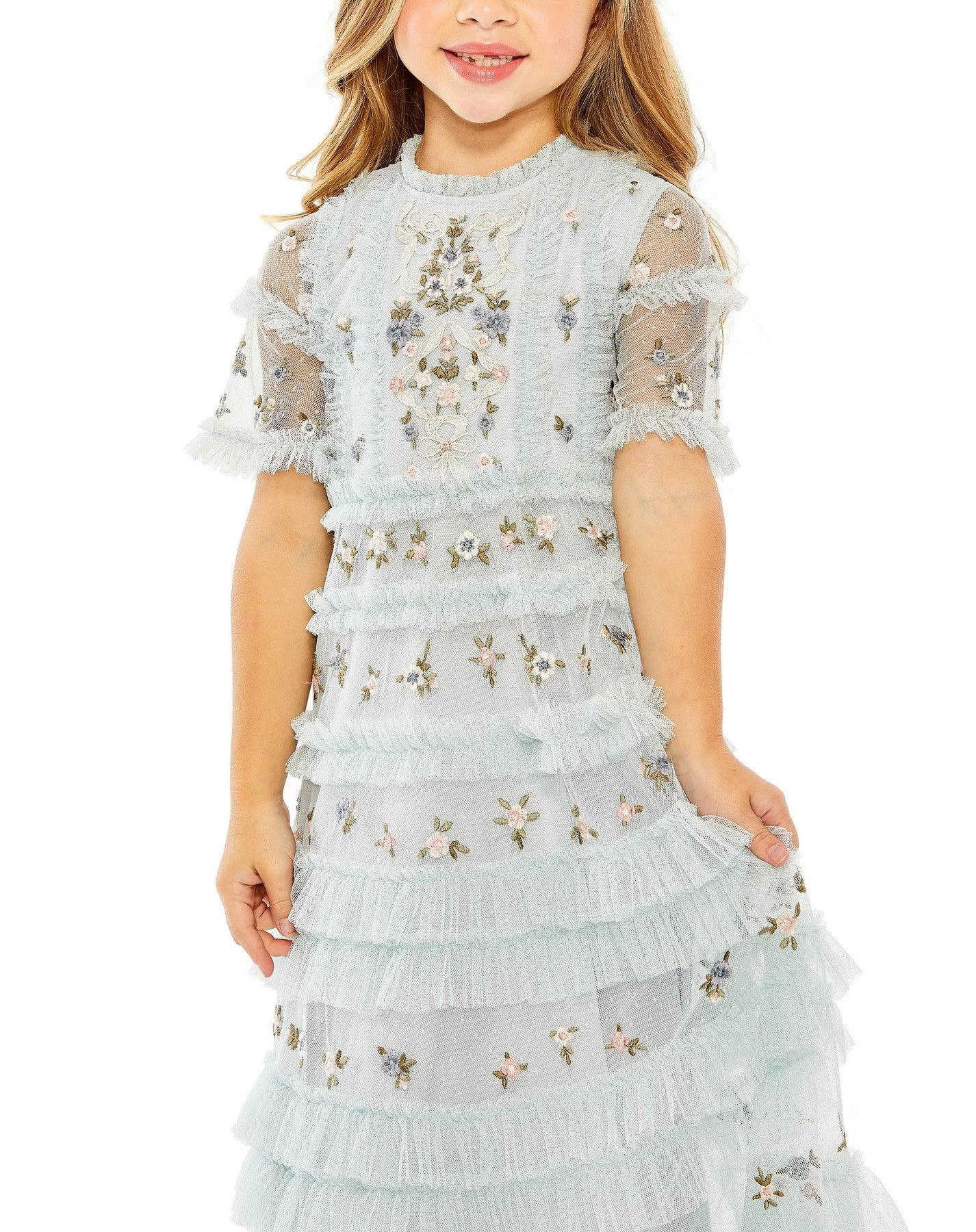 Rose Multi Mac Duggal 8065 Short Sleeve Little Girls Long Dress for $398.0 – The Dress Outlet