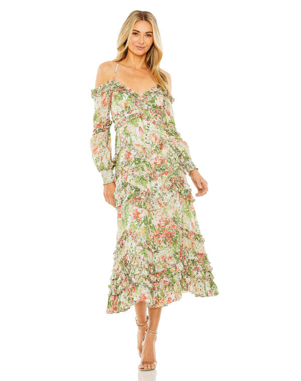 Floral Ruffle Cocktail Long Sleeve Midi Dress Floral Ruffle Midi Mac Duggal 8082