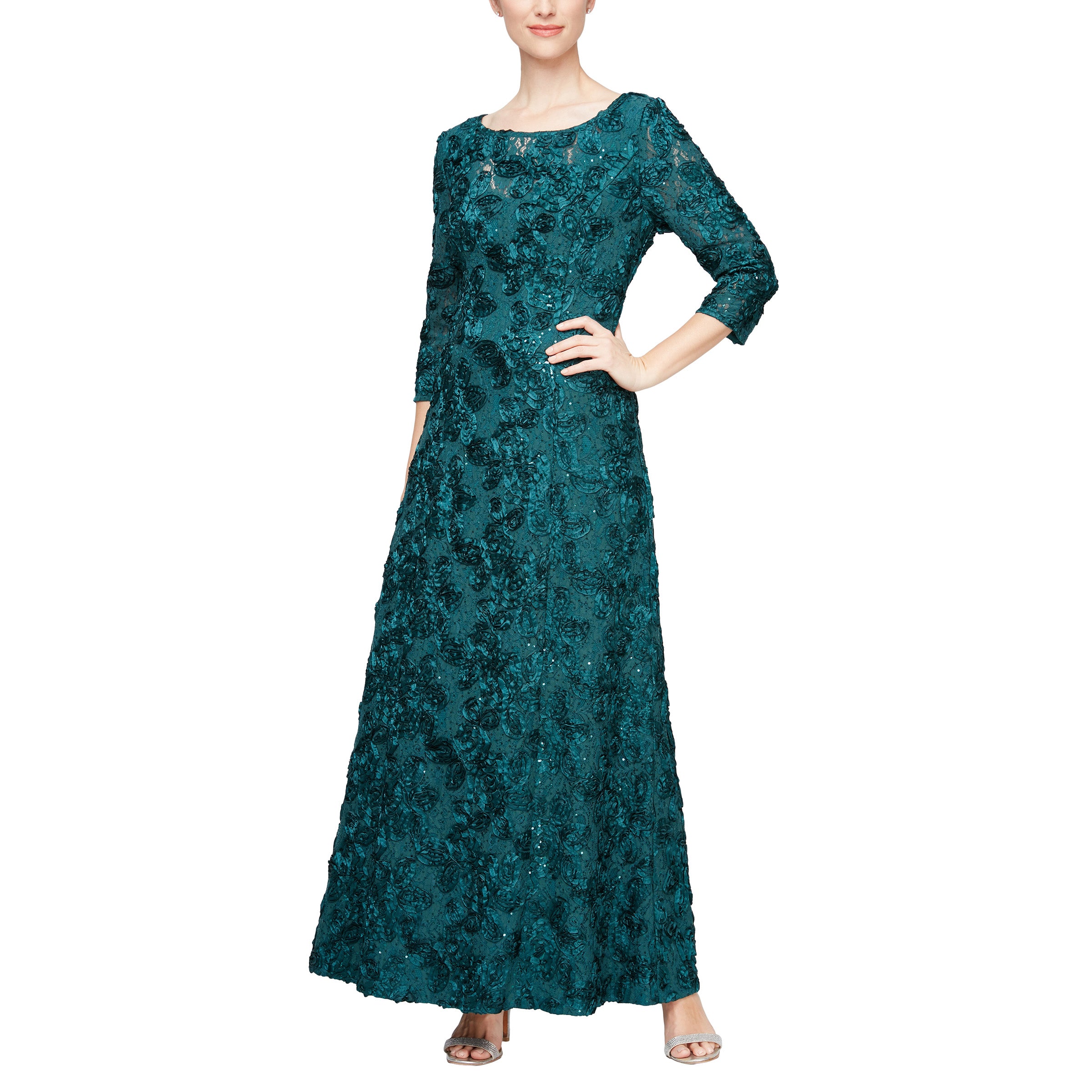 Alex Evenings 81122539 Long 3/4 Sleeve Lace Formal Dress Emerald Green The Dress Outlet Alex Evenings 81122539 Long 3/4 Sleeve Lace Formal Dress Emerald Green The Dress Outlet