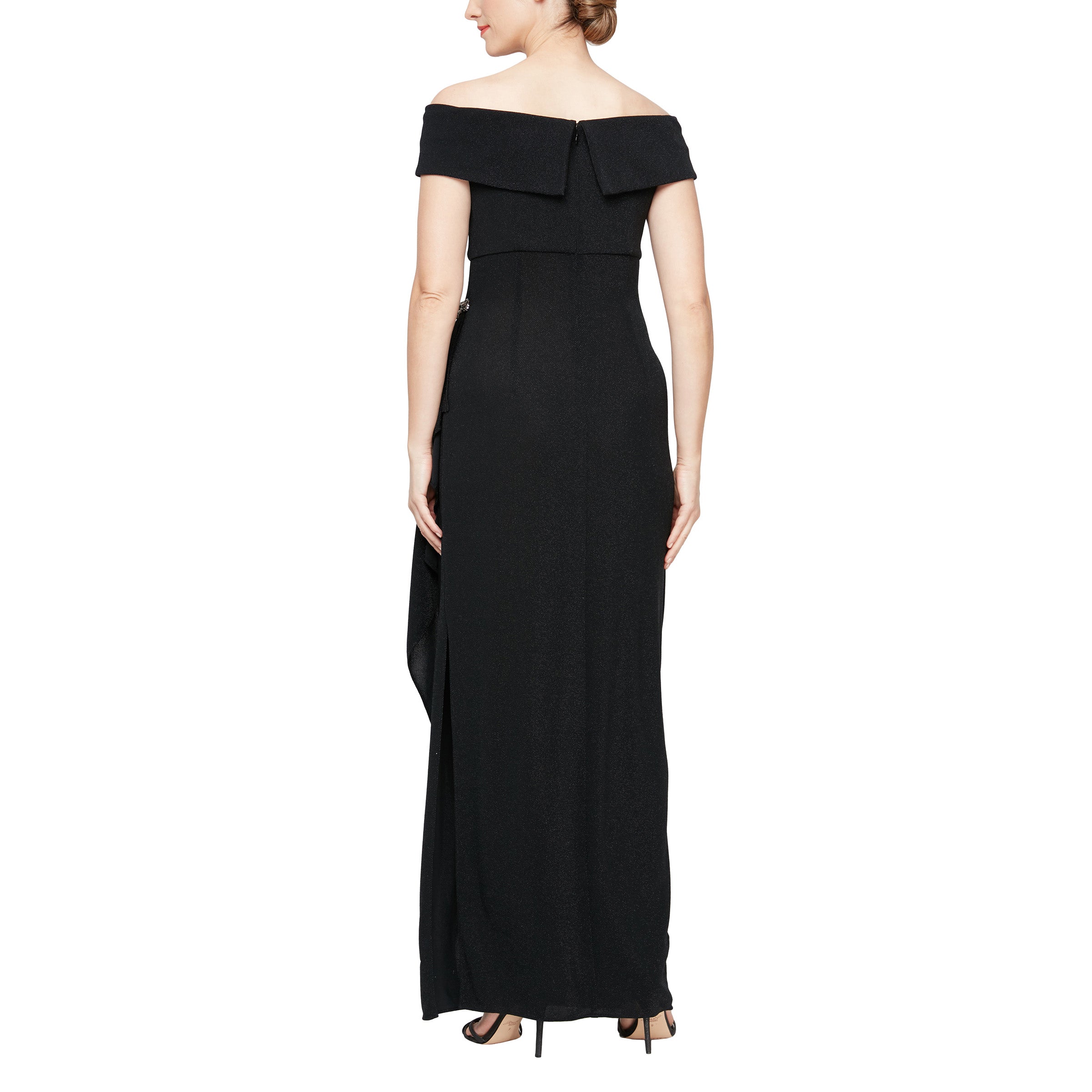 Xscape Evenings Ruffle Off The Shoulder Stretch Velvet Gown in Green Xscape Evenings Ruffle Off The Shoulder Stretch Velvet Gown in Green