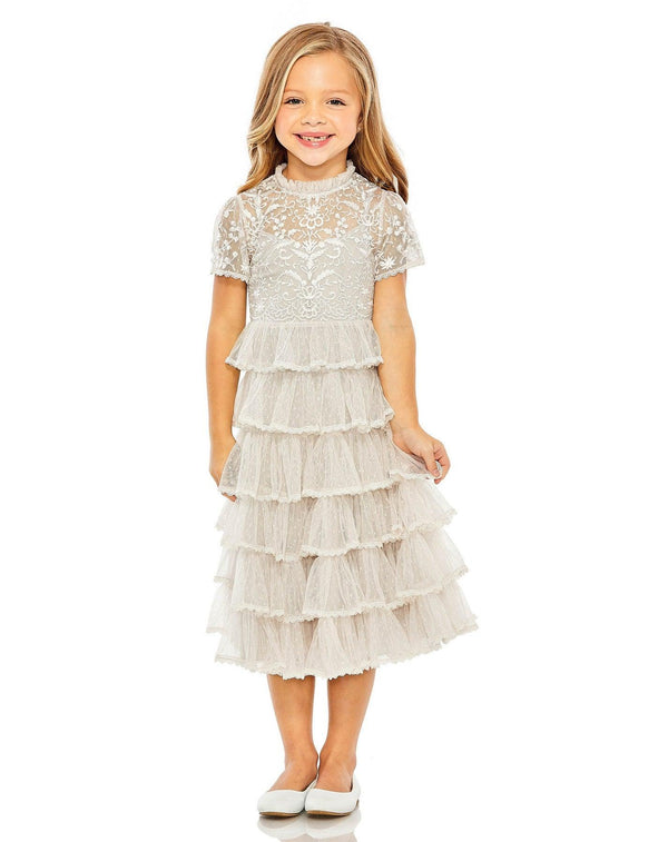 Little Girls Short Sleeve Lace Midi Length Dress Lace Finish Mac Duggal 8214