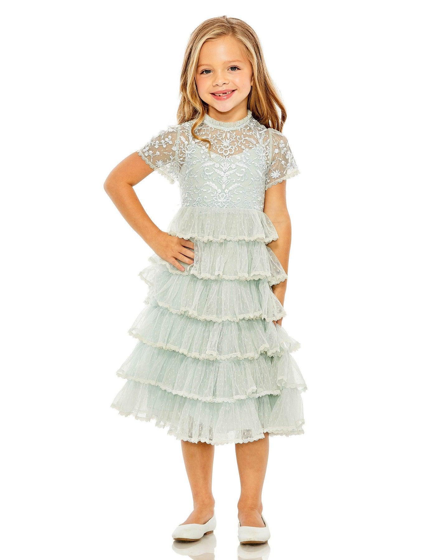 Girls High Neck Embroidered Short Sleeve Dress - Mac Duggal US 2 Girls High Neck Embroidered Short Sleeve Dress - Mac Duggal US 2