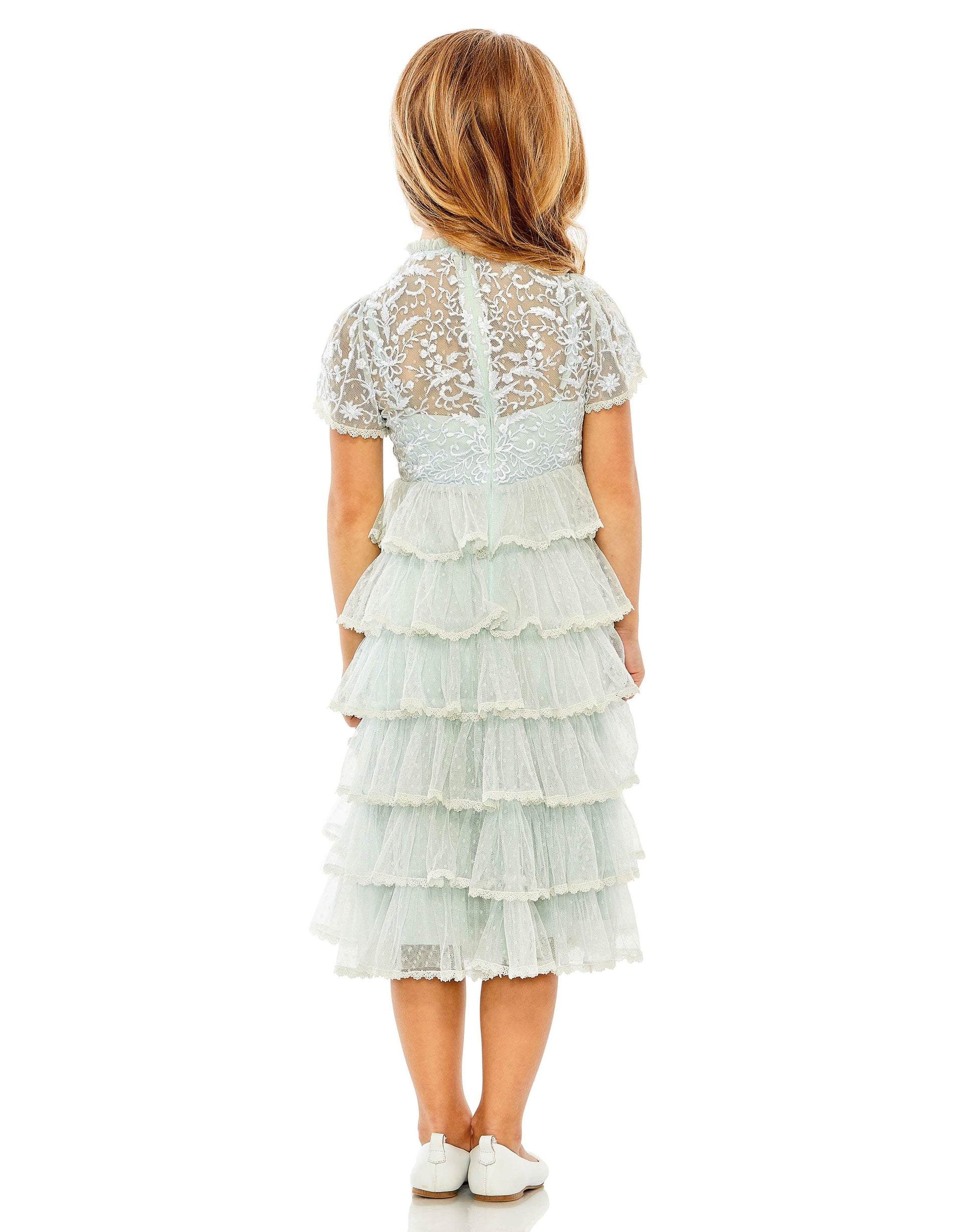 Mac Duggal 8214 Little Girls Short Sleeve Lace Midi Length Dress