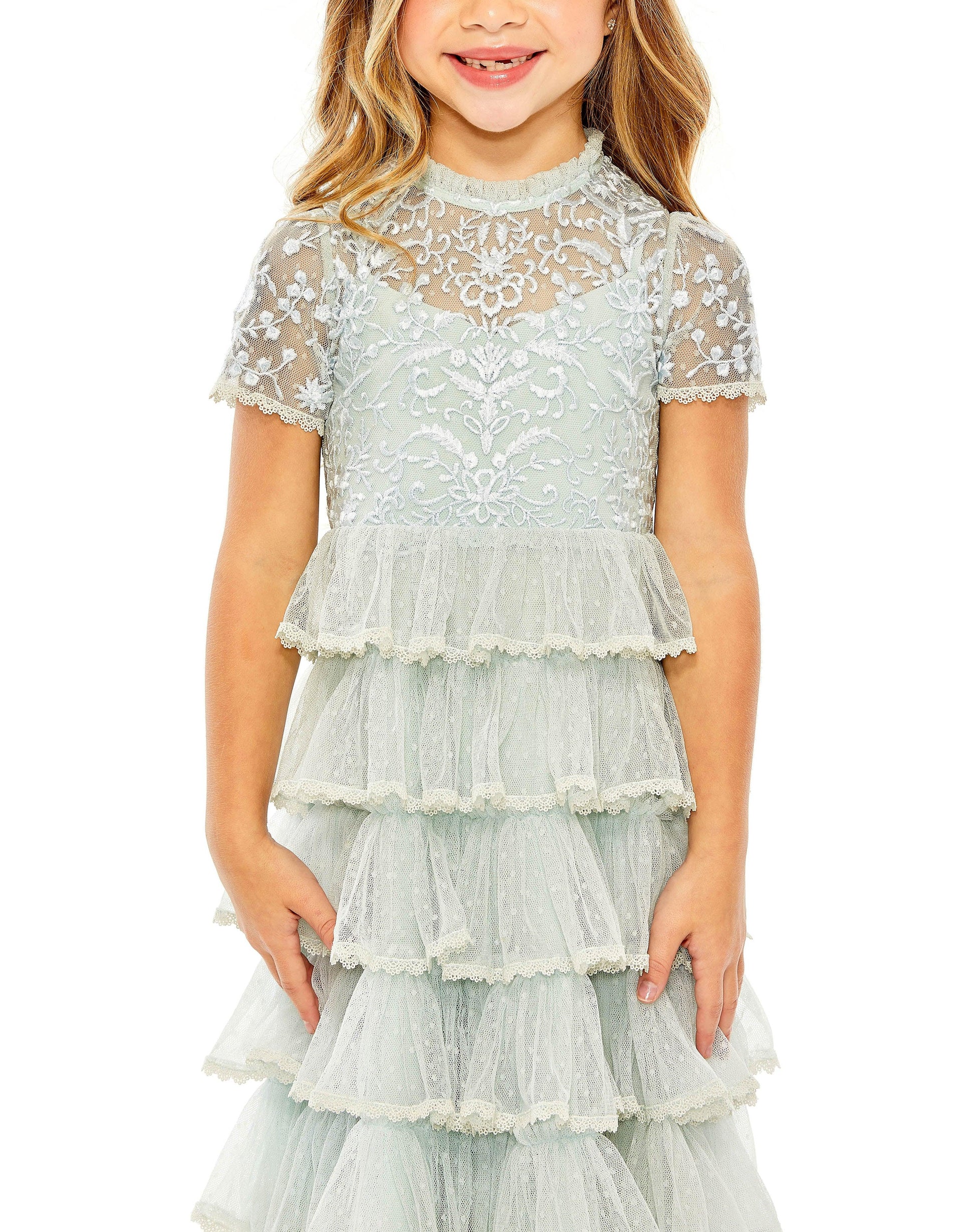 Mac Duggal 8214 Little Girls Short Sleeve Lace Midi Length Dress