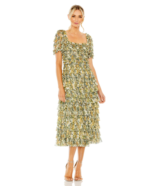 Floral Ruffle Cocktail Tea Length Dress Floral Ruffle Tea Length Mac Duggal 8232