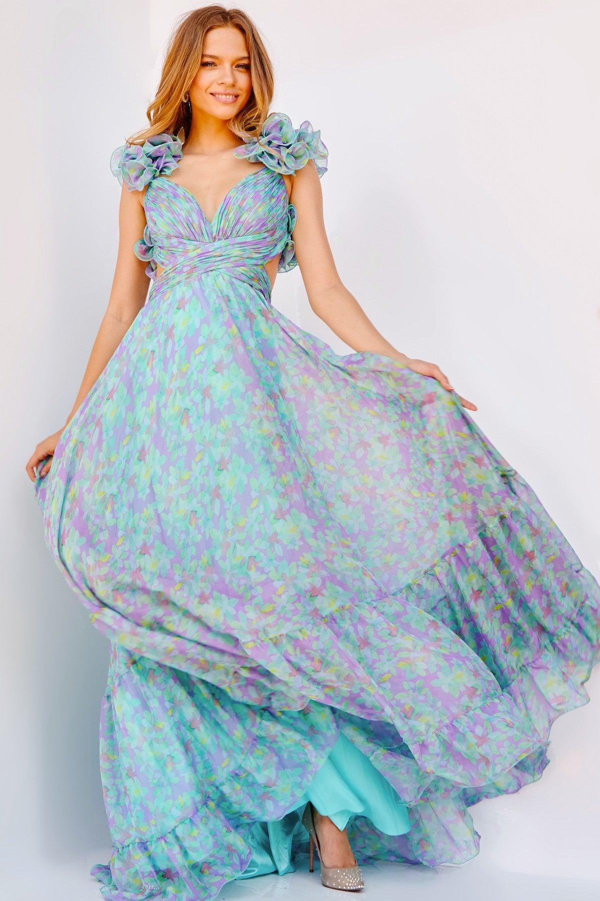 Prom Dresses Long Sleeveless Floral Print Prom Gown Print
