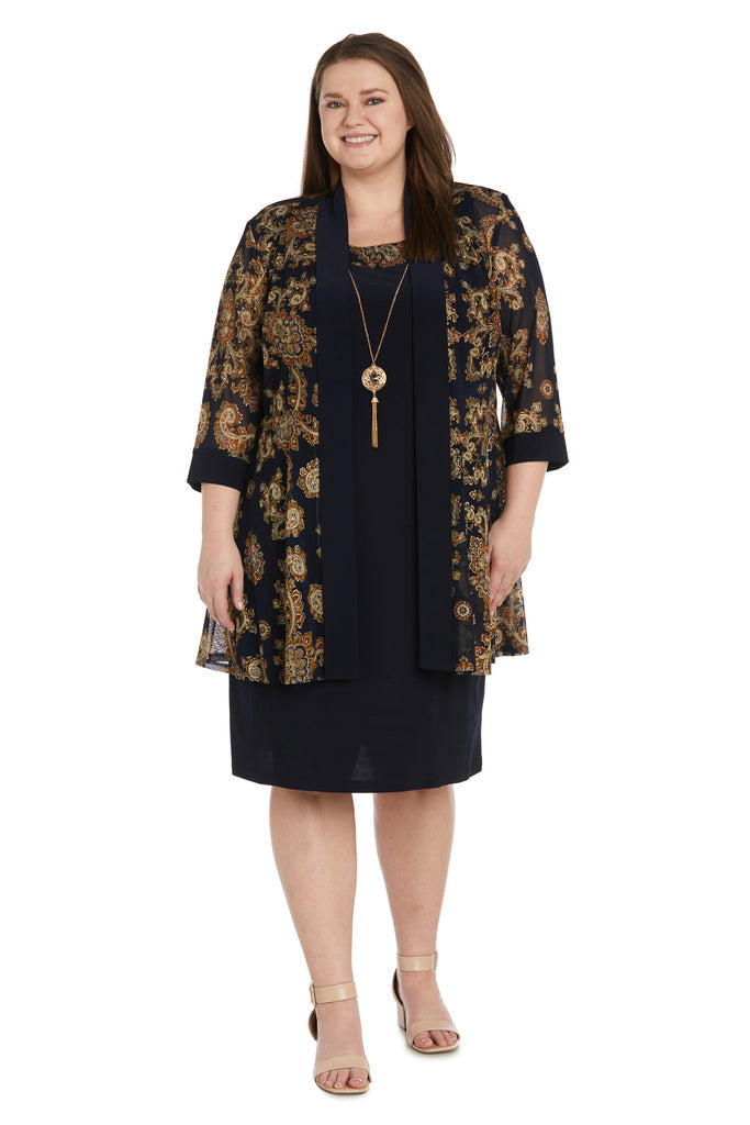 Plus Size Dresses Short Plus Size Printed Jacket Mother of the Bride Dress Navy/Gold