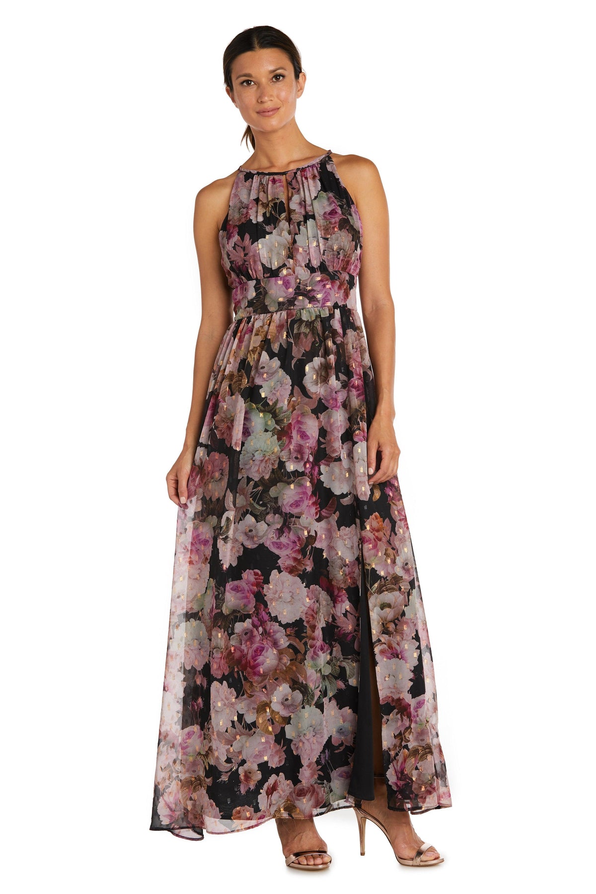 Formal Dresses Long Halter Floral Print Dress Black/Rose