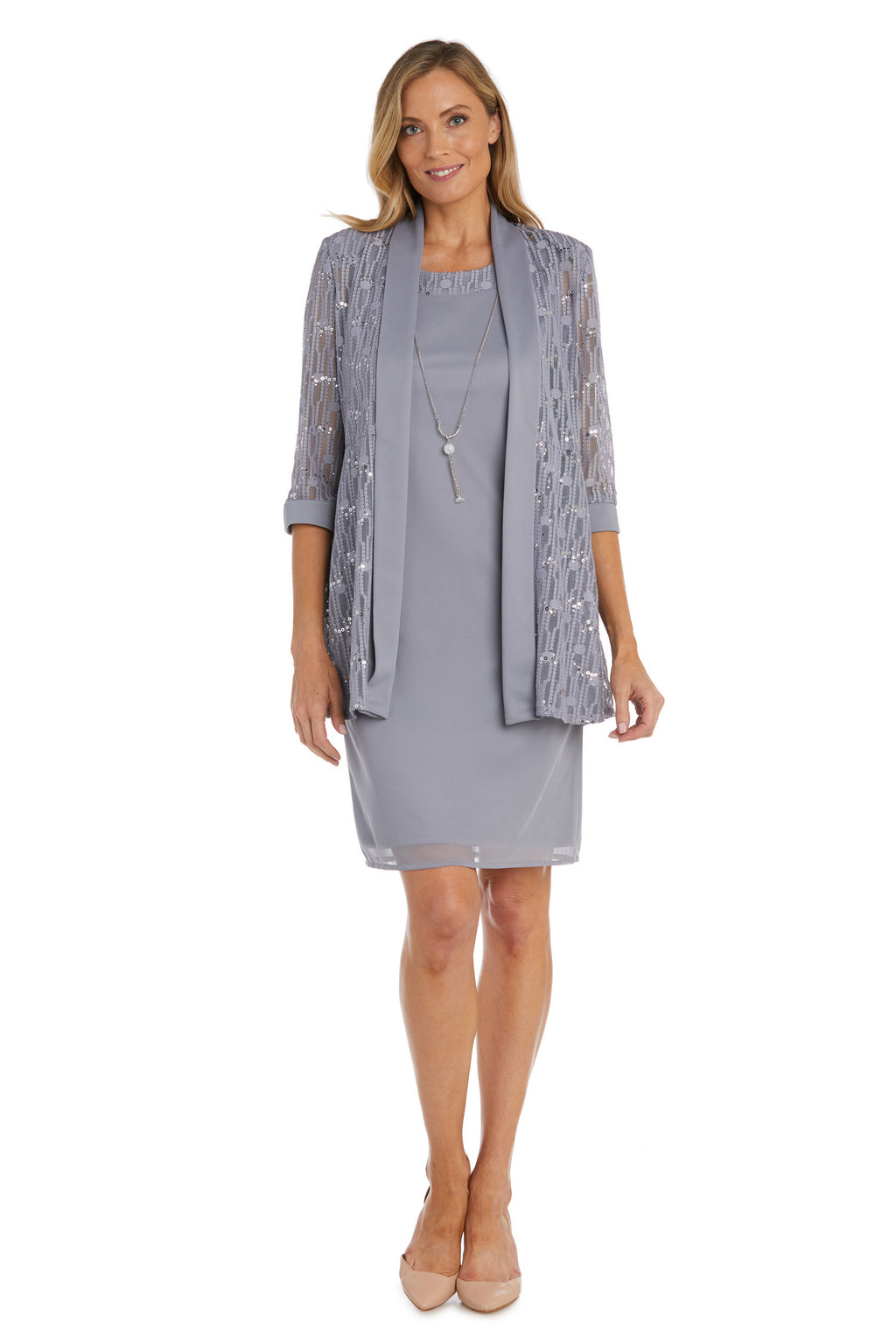 Mother of the Bride Dresses Short Circle Patterned Mother of the Bride Jacket Dress Silver