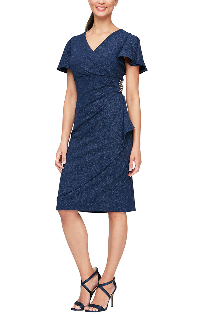 SL Fashions Women's Flutter-Sleeve Embellished Dress - Navy