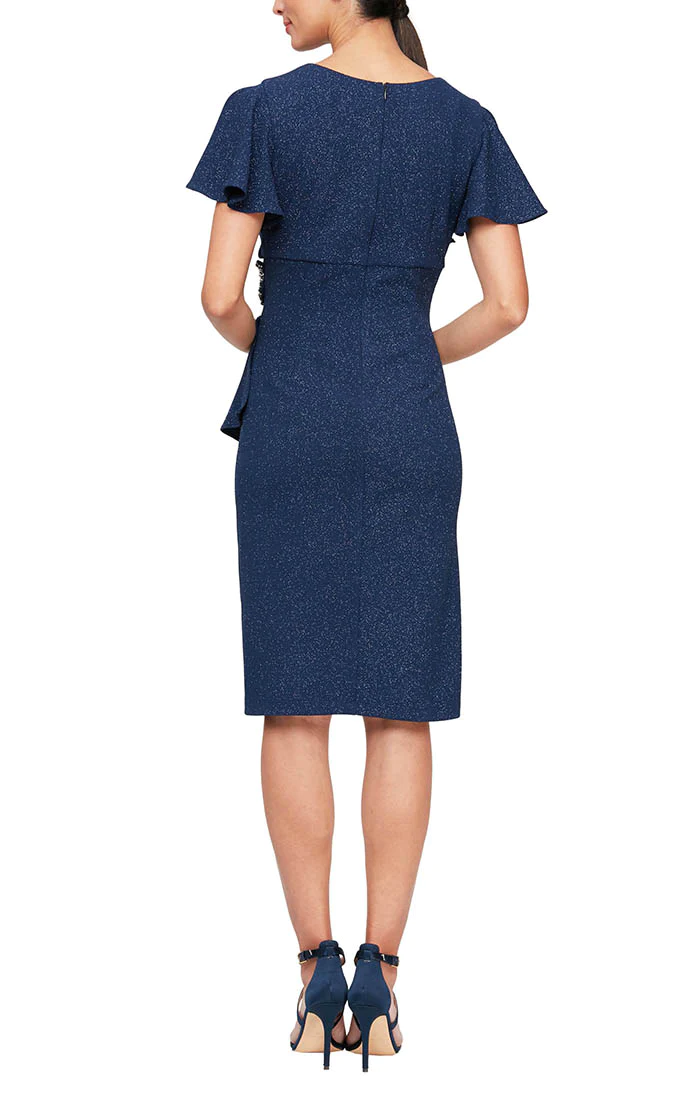 metallic sheath dress SL Fashions Women's Flutter-Sleeve Embellished Dress - Navy