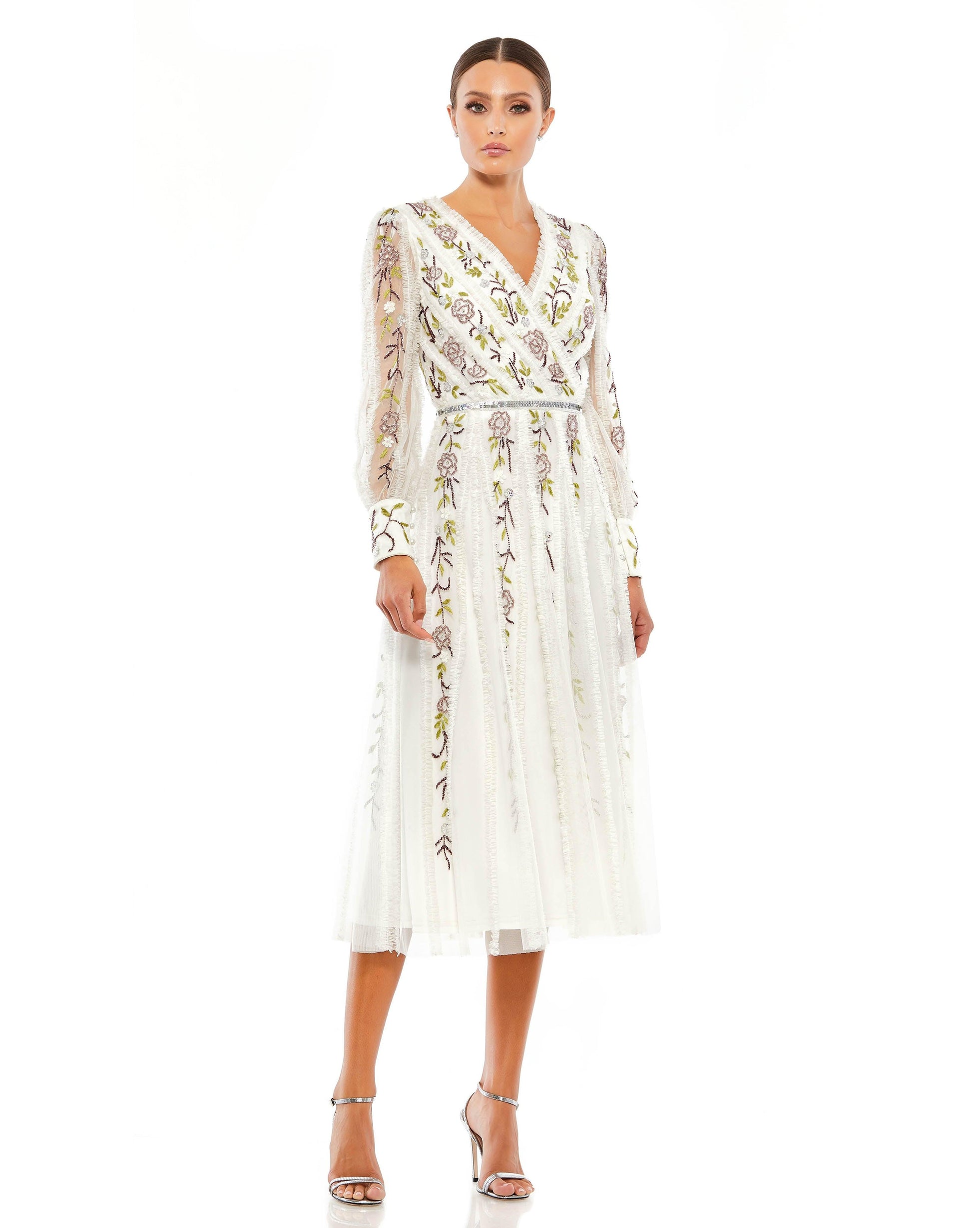 Mac Duggal 9133 Long Sleeve Tea Length Formal Dress