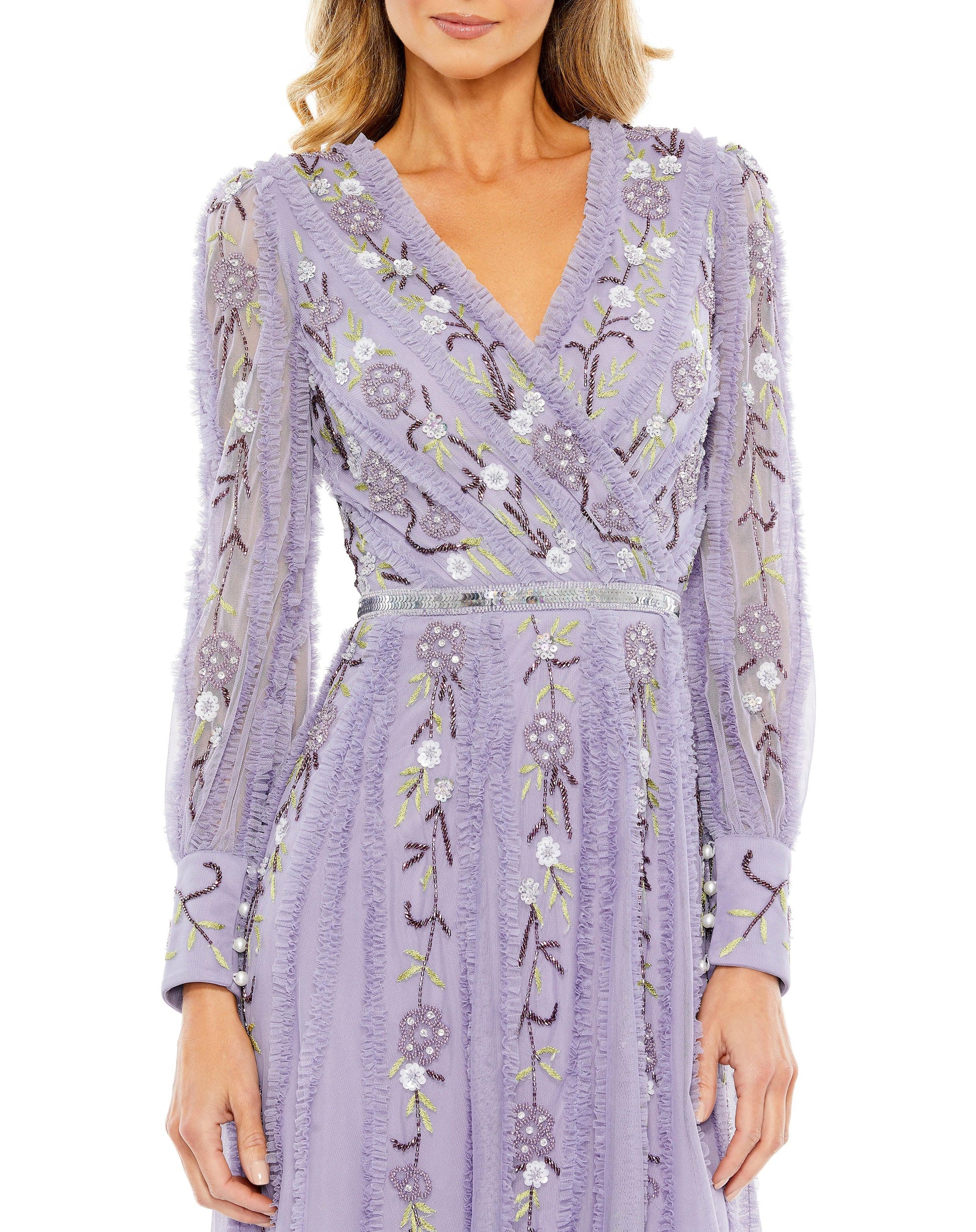 Mac Duggal 9133 Long Sleeve Tea Length Formal Dress