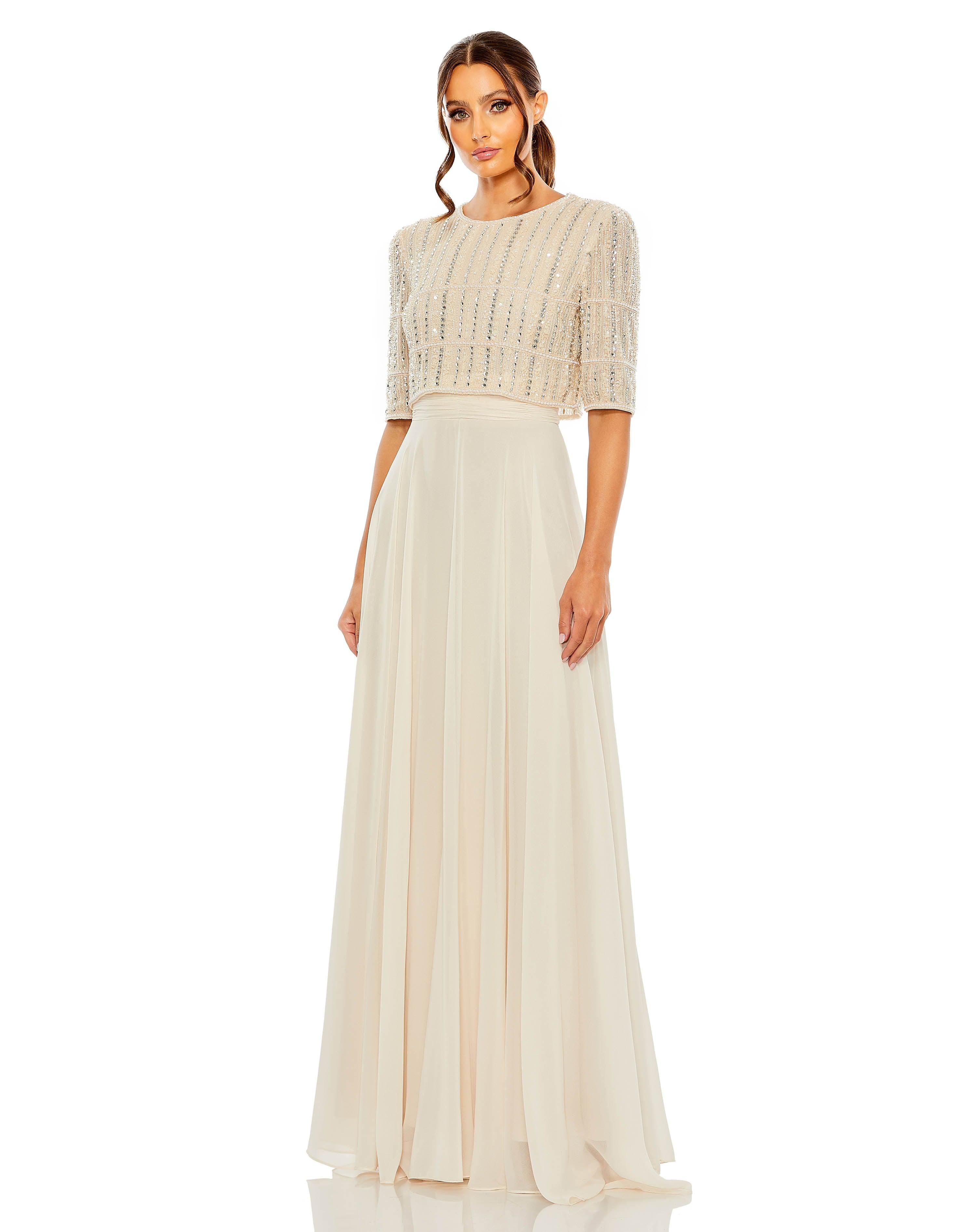 Mac Duggal - Chiffon Gown w/ Fully Beaded 3/4 Sleeve Top - Sage Mac Duggal - Chiffon Gown w/ Fully Beaded 3/4 Sleeve Top - Sage