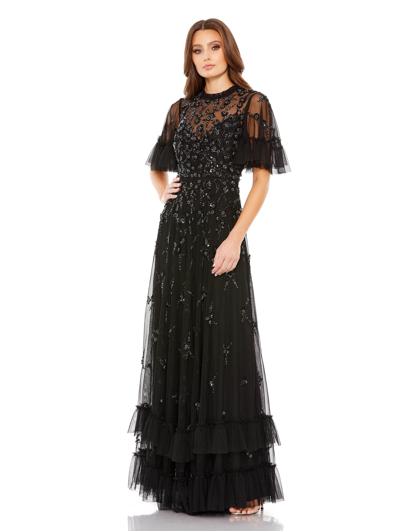 Formal Dresses Long Formal Beaded Short Sleeve Dress Black