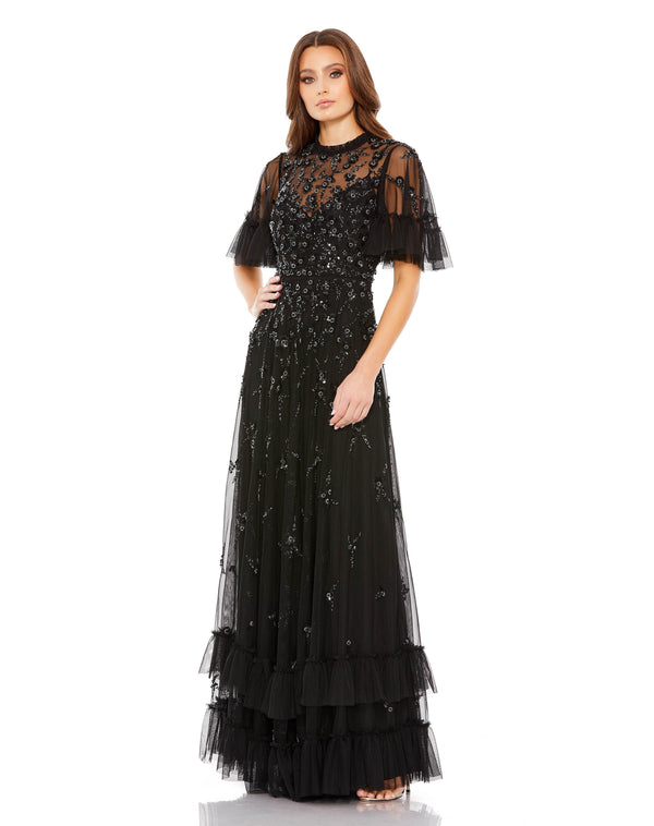 Long Formal Beaded Short Sleeve Dress Beaded & Short Sleeves Mac Duggal 9199