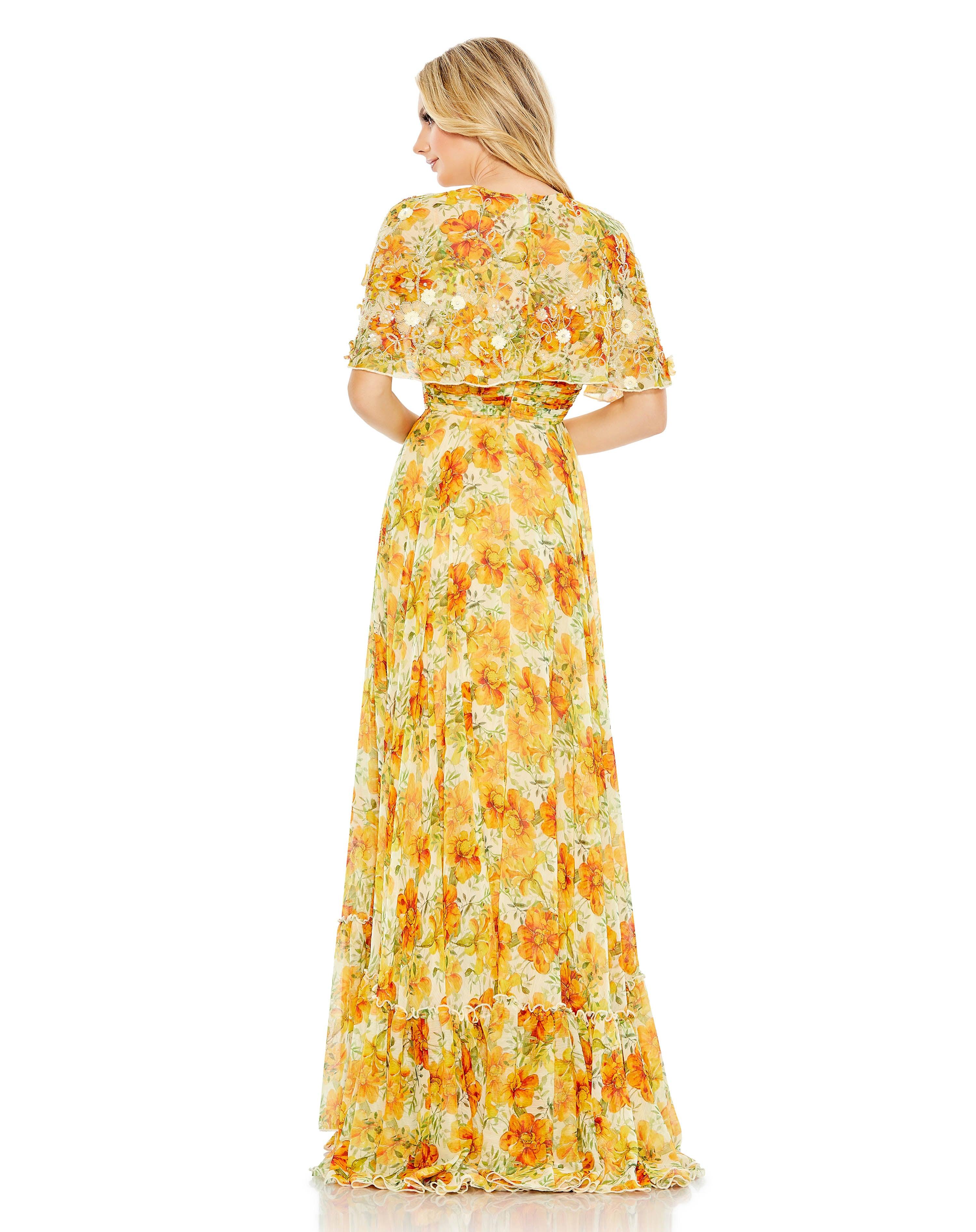 Mac Duggal Floral Print High Neck Cape Sleeve A-Line Gown, Size 18, Yellow Multi Mac Duggal Floral Print High Neck Cape Sleeve A-Line Gown, Size 18, Yellow Multi