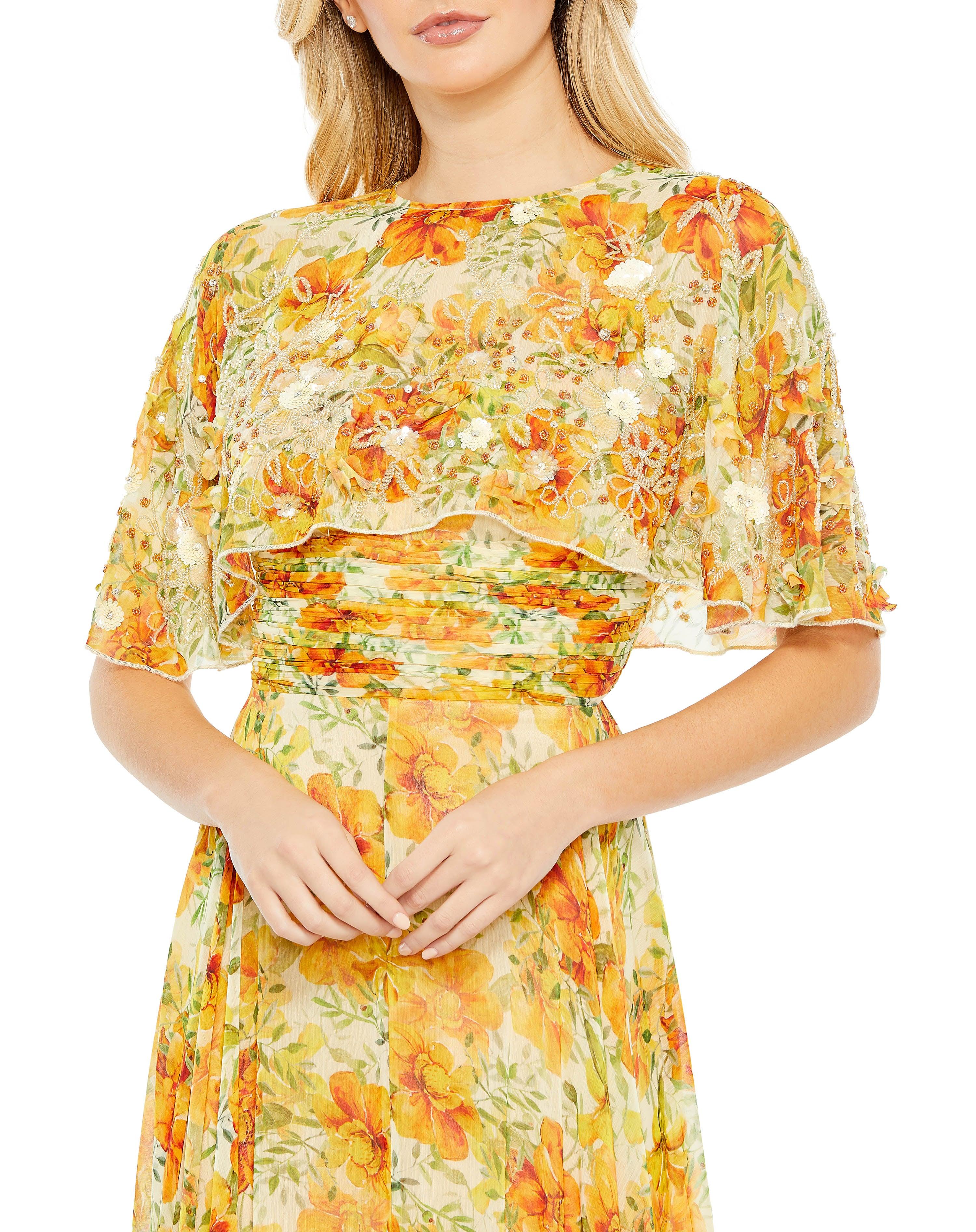 chinese dress ladies Chic Yellow Floral Long Prom Dresses With Slit Puff Sleeve Evening Dre main image 1