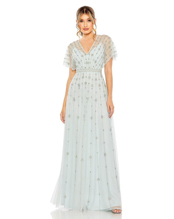 Long Formal Beaded Short Sleeve Dress Beaded & Short Sleeves Mac Duggal 9223