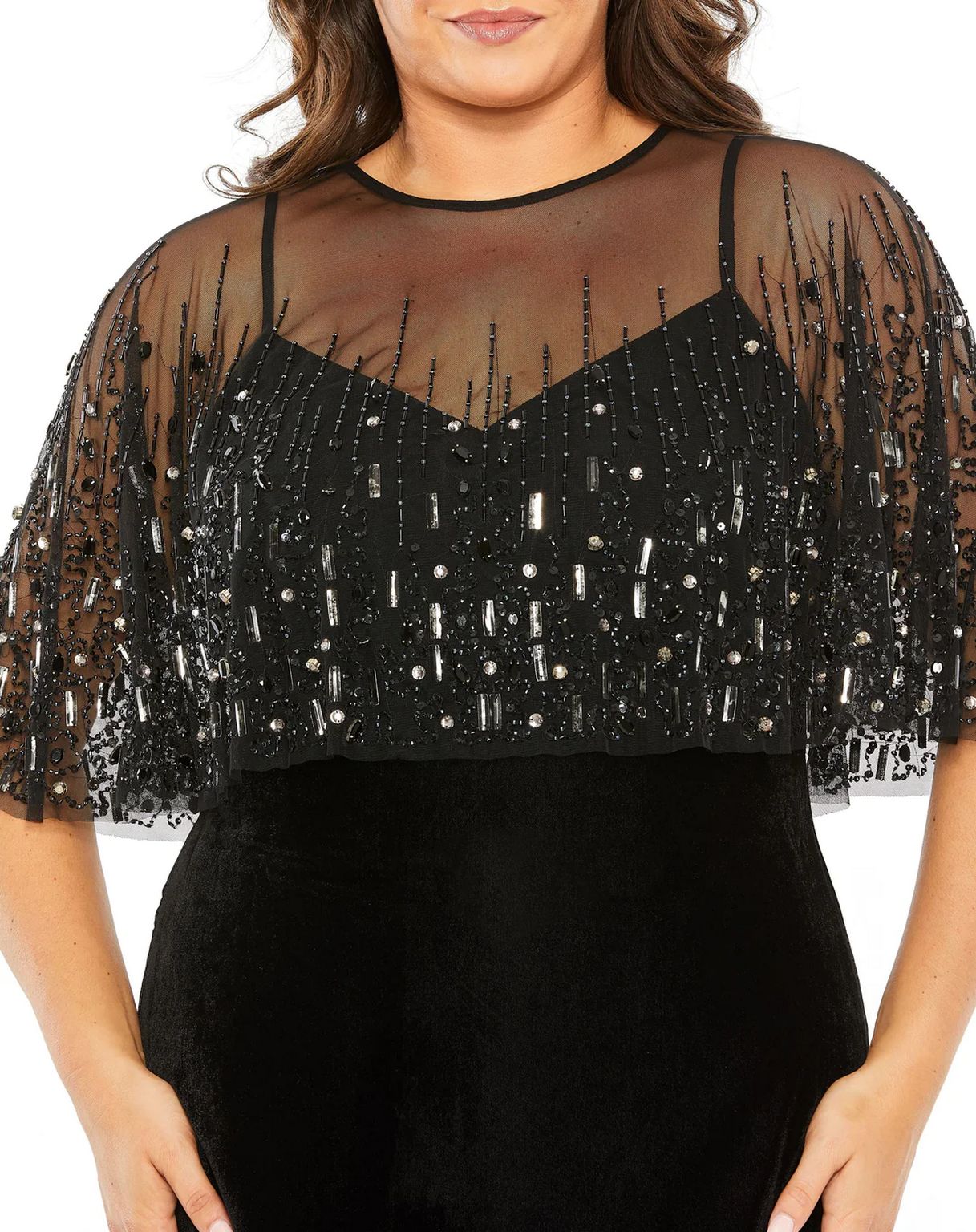Mac Duggal Velvet Trumpet Gown With Embellished Cape - Black Mac Duggal Velvet Trumpet Gown With Embellished Cape - Black