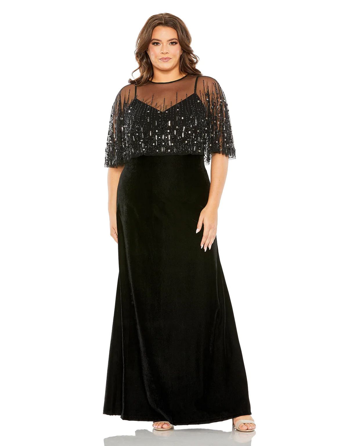 Mac Duggal Plus Embellished Cape Velvet Gown - Black Mac Duggal Plus Embellished Cape Velvet Gown - Black