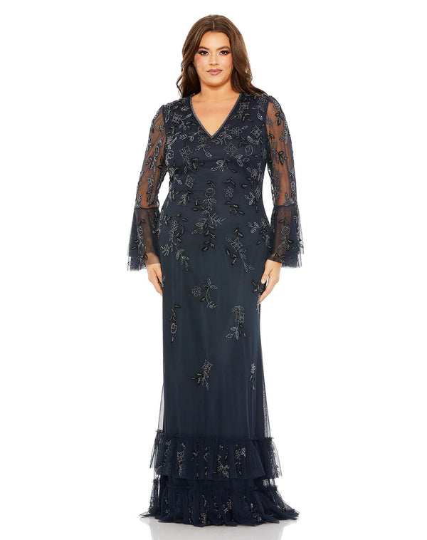Long V Neck Embellished Flutter Tiered Long Sleeve Plus Size Dress V Neck Embellished Flutter Tiered Mac Duggal 9239