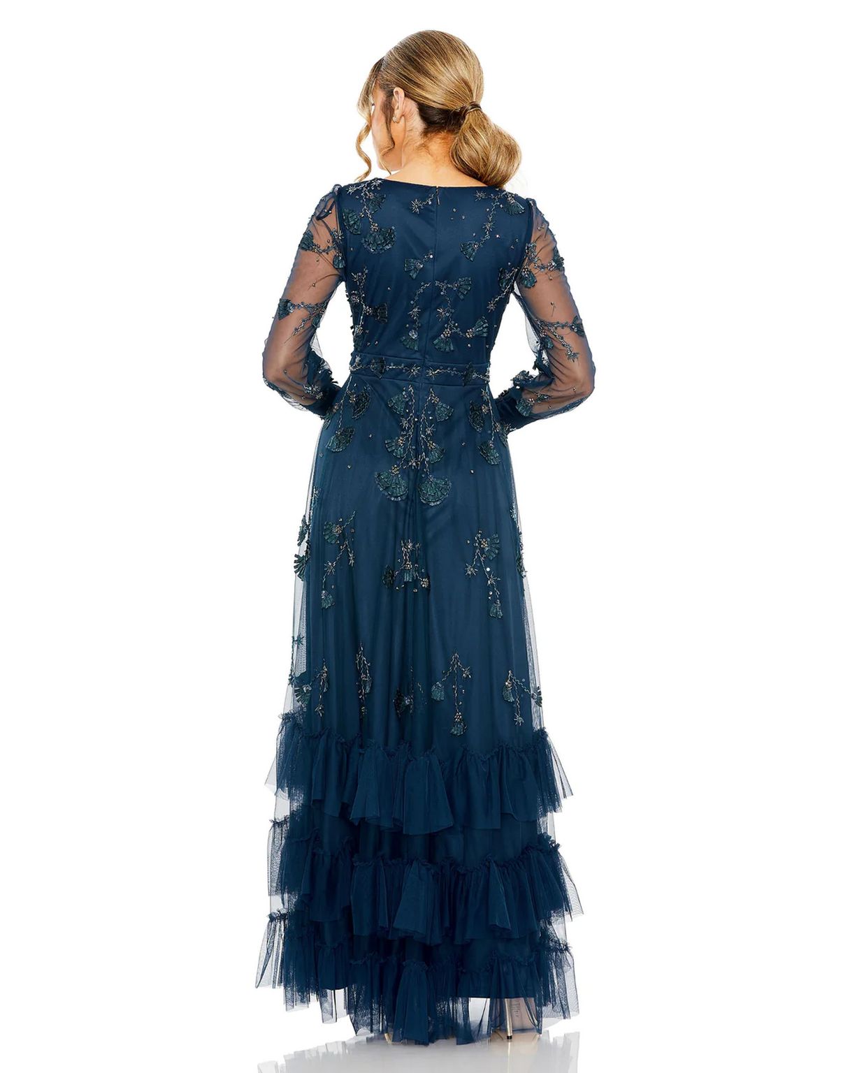Mac Duggal 9256 Mesh Long Sleeve Tiered A Line Dress