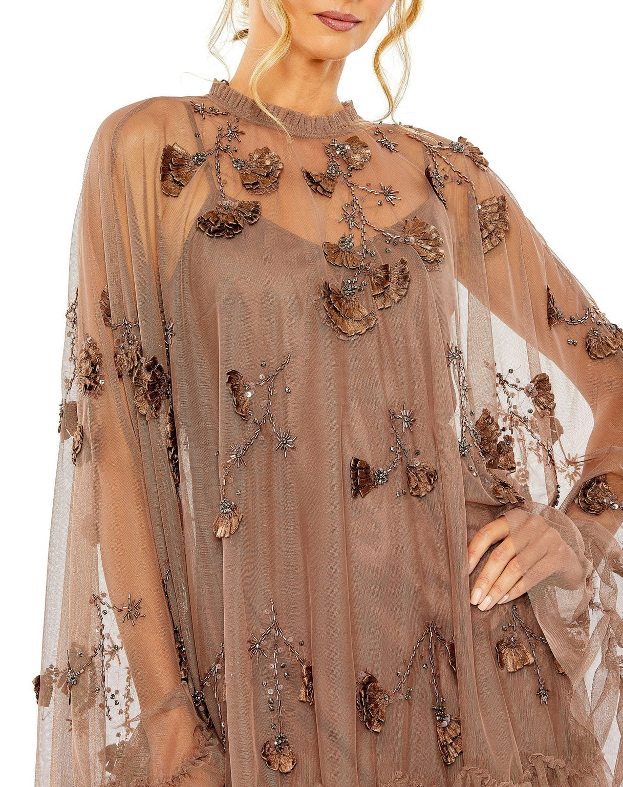 fitted lace wedding dress Embellished Long Flare Sleeve Mesh A Line Short Dress Embellished Mesh A  Line with Flare Sleeves Mac Duggal 9257 main image 1