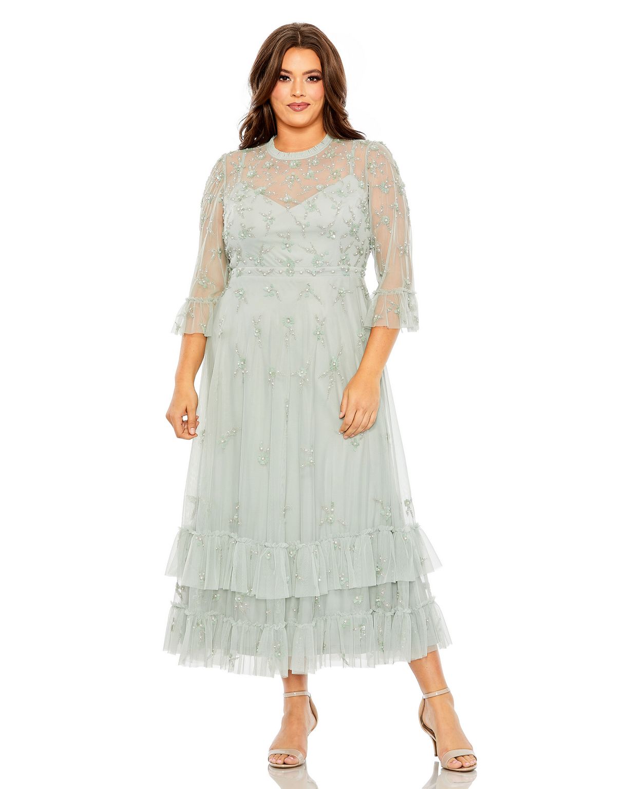 Mac Duggal Plus Flutter Sleeve Embellished High Neck Dress - Sage Mac Duggal Plus Flutter Sleeve Embellished High Neck Dress - Sage
