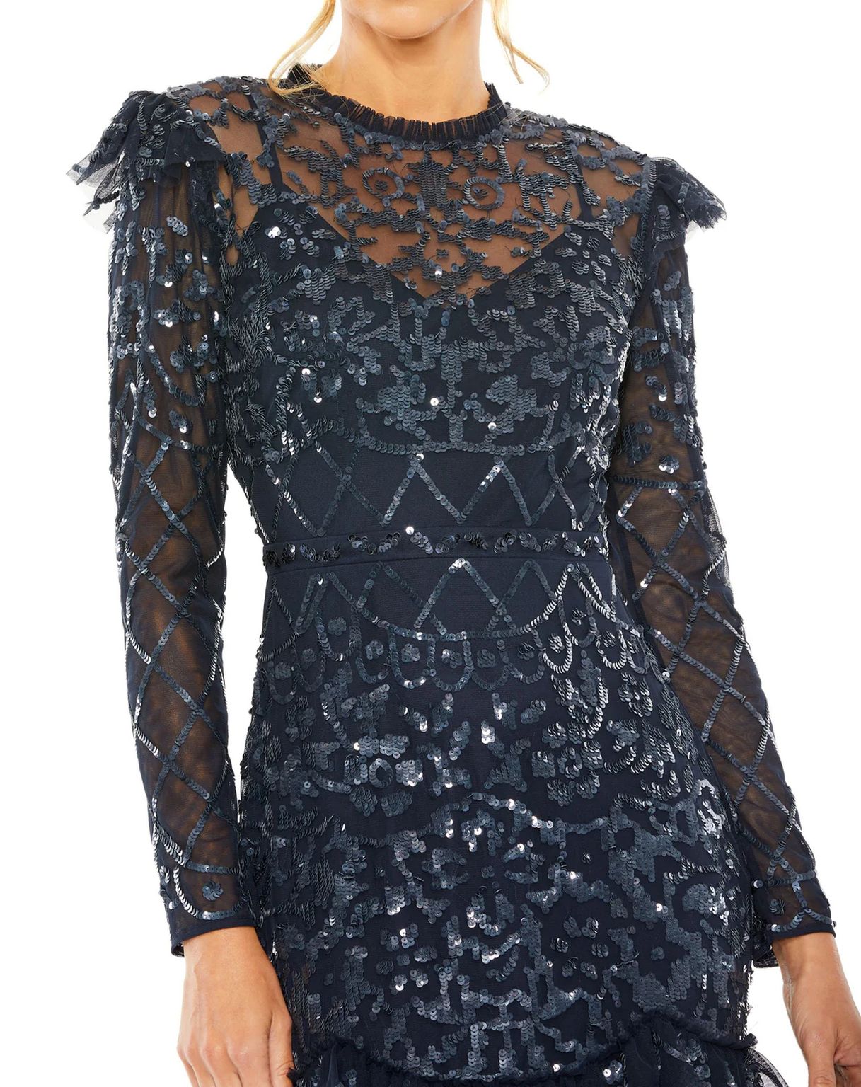 Mac Duggal 9264 Flutter Cap Long Sleeve Tiered Embellish Dress