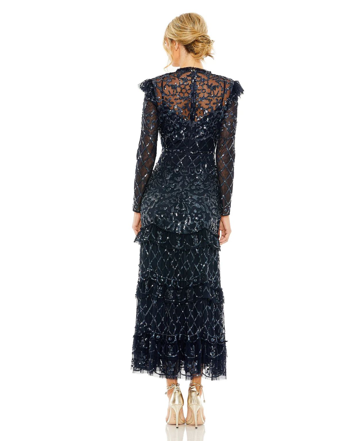 Mac Duggal 9264 Flutter Cap Long Sleeve Tiered Embellish Dress