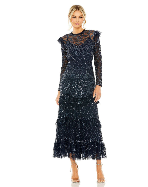 Flutter Cap Long Sleeve Tiered Embellished Dress Tiered Embellished Long Sleeve Mac Duggal 9264